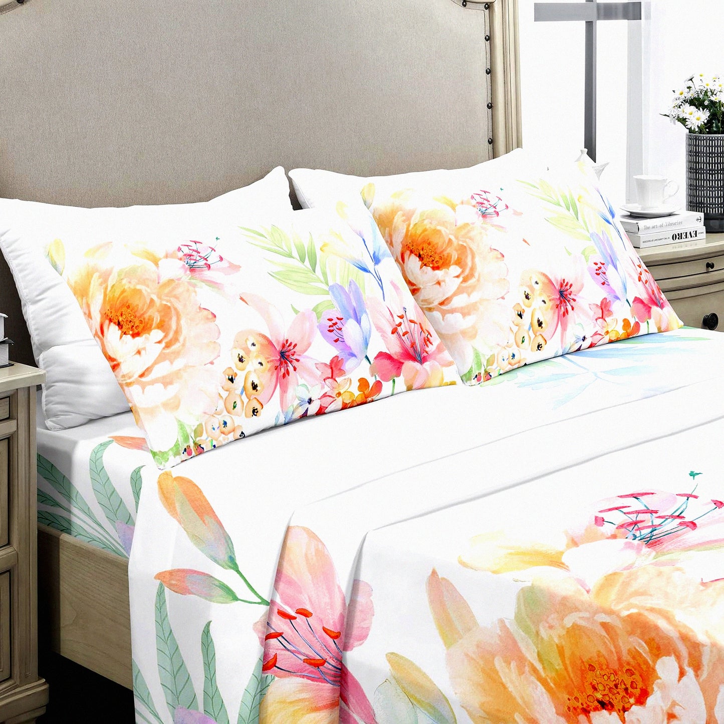 Floral Bliss Queen Sheet Set - Ultra Soft Microfiber Bed Sheets for Queen Size Bed with Deep Pocket - Fade and Shrink Resistant - 4PC Set