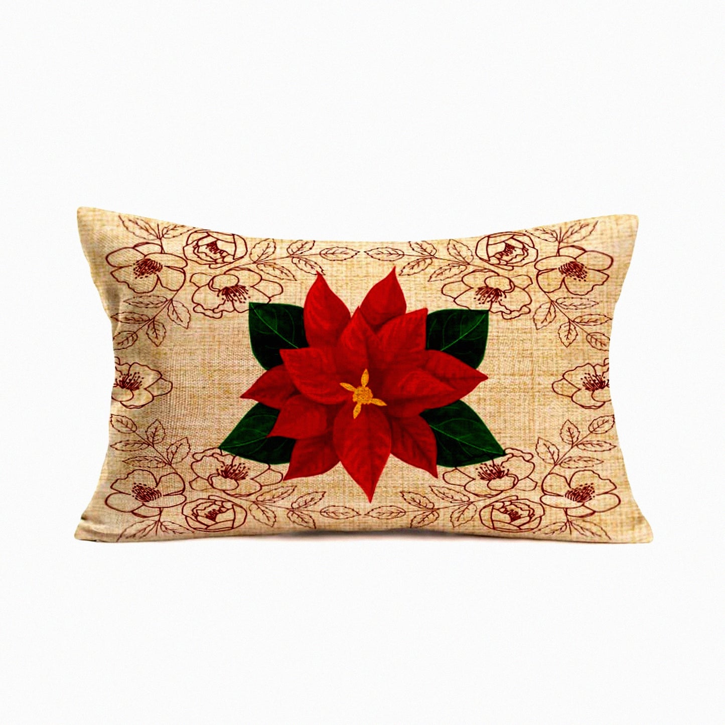 Winter Wonderland Poinsettia Pillowcase - Festive Holiday Floral Cushion Cover for Home Decor - Vintage Red Xmas Flowers Throw Pillow Cover 12x20"