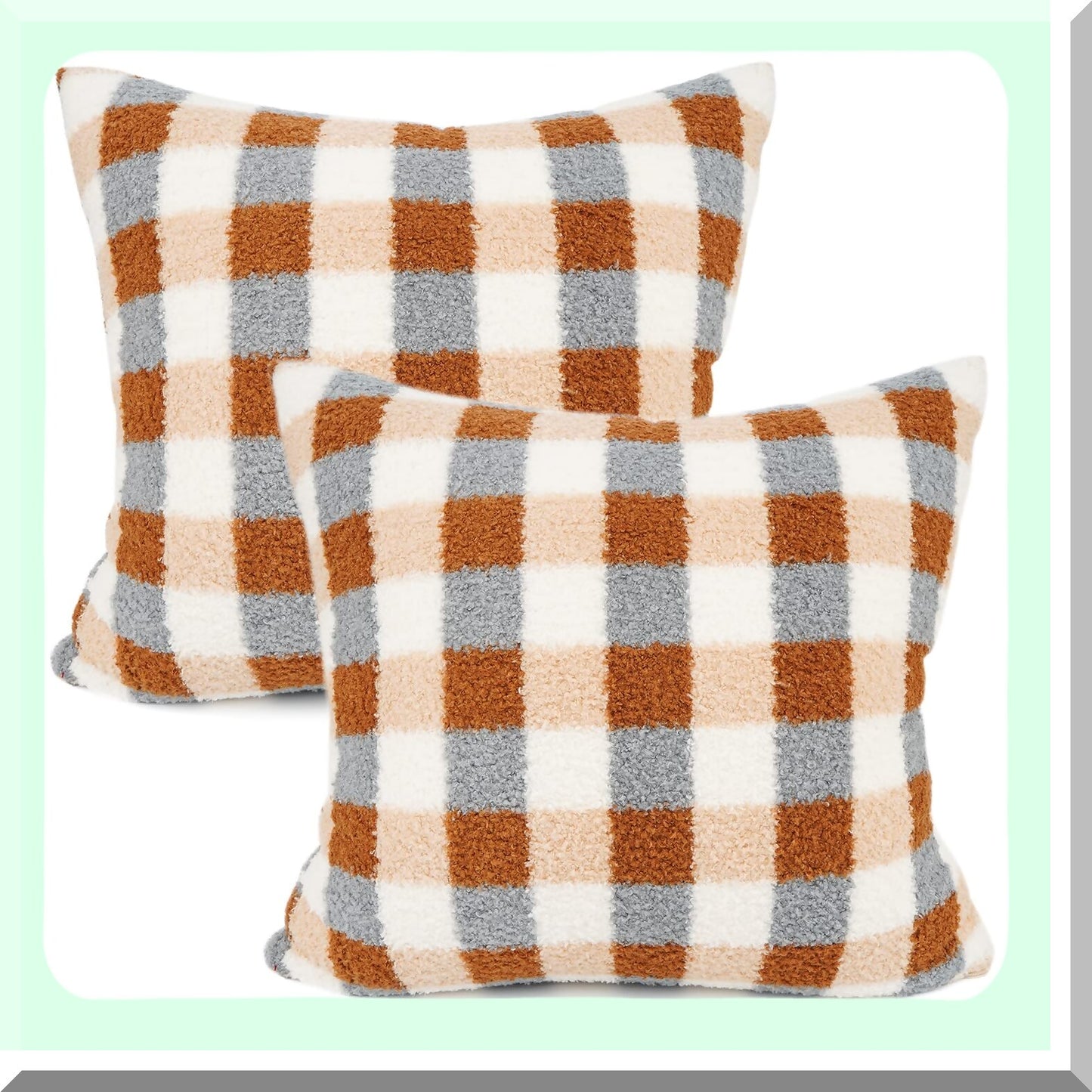 Sherpa Plaid Wool Velvet Pillow Covers - Soft Checkerboard Cushion Cases for Sofa, Bedroom, Livingroom, Car - Decorative Throw Pillows 18''x18'' Khaki