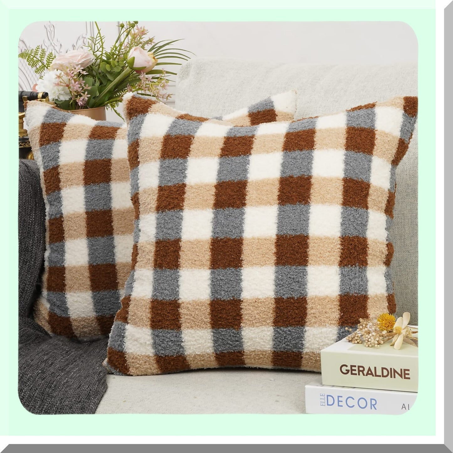 Sherpa Plaid Wool Velvet Pillow Covers - Soft Checkerboard Cushion Cases for Sofa, Bedroom, Livingroom, Car - Decorative Throw Pillows 18''x18'' Khaki
