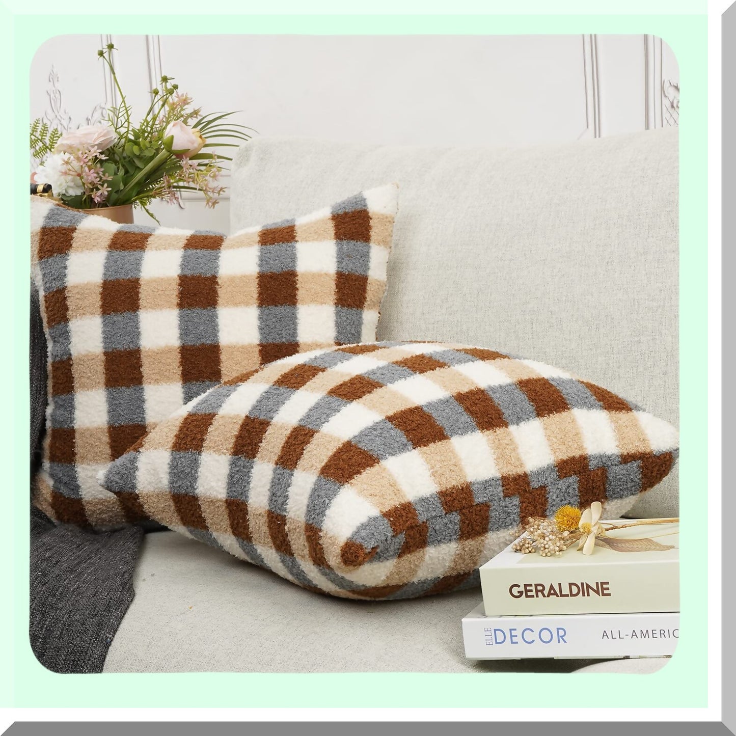 Sherpa Plaid Wool Velvet Pillow Covers - Soft Checkerboard Cushion Cases for Sofa, Bedroom, Livingroom, Car - Decorative Throw Pillows 18''x18'' Khaki
