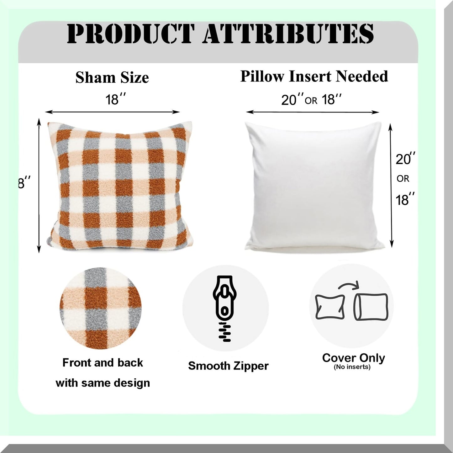 Sherpa Plaid Wool Velvet Pillow Covers - Soft Checkerboard Cushion Cases for Sofa, Bedroom, Livingroom, Car - Decorative Throw Pillows 18''x18'' Khaki