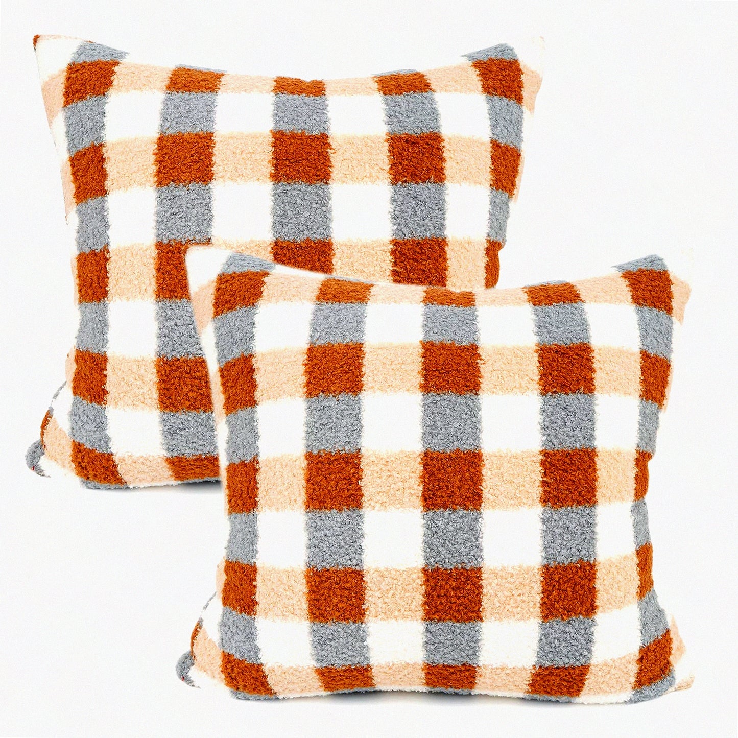 Sherpa Plaid Wool Velvet Pillow Covers - Soft Checkerboard Cushion Cases for Sofa, Bedroom, Livingroom, Car - Decorative Throw Pillows 18''x18'' Khaki