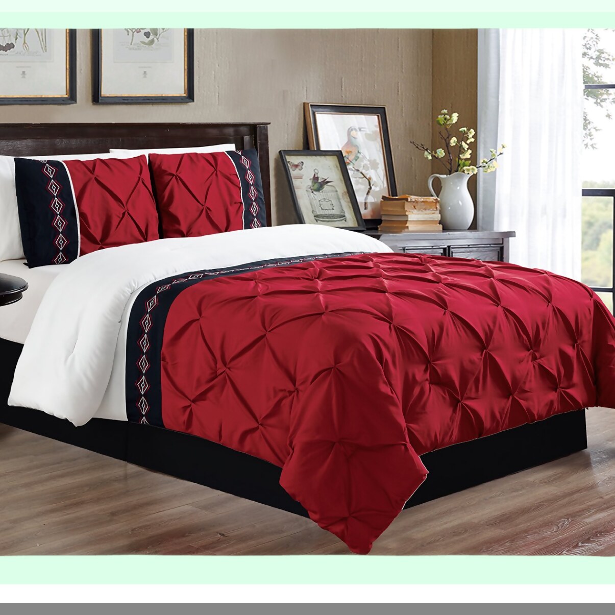 Burgundy Red Pinch Pleat Comforter Set - 3 Piece All-Season Bedding with Double-Needle Stitch and Down Alternative Fill - Embroidered Design