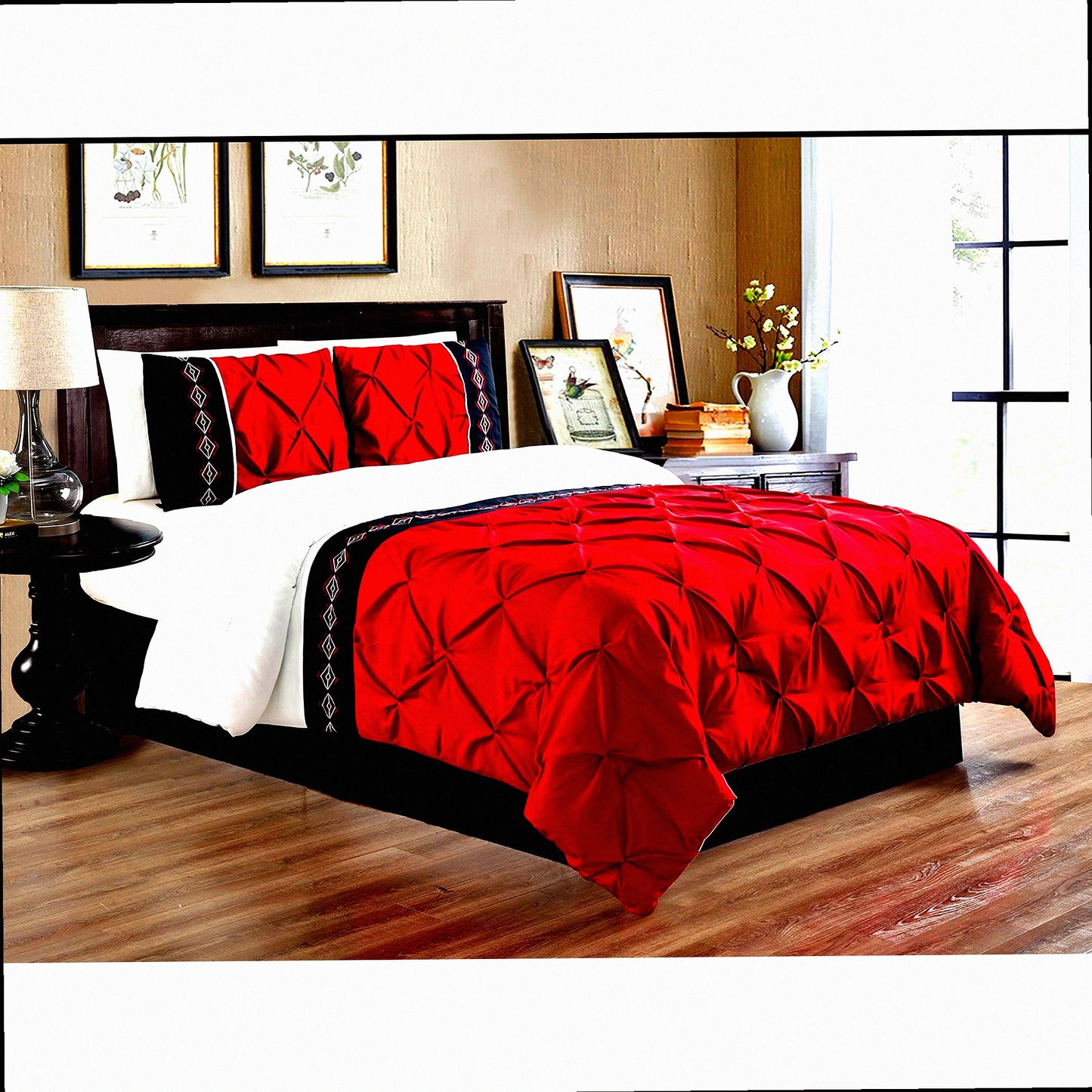 Burgundy Red Pinch Pleat Comforter Set - 3 Piece All-Season Bedding with Double-Needle Stitch and Down Alternative Fill - Embroidered Design