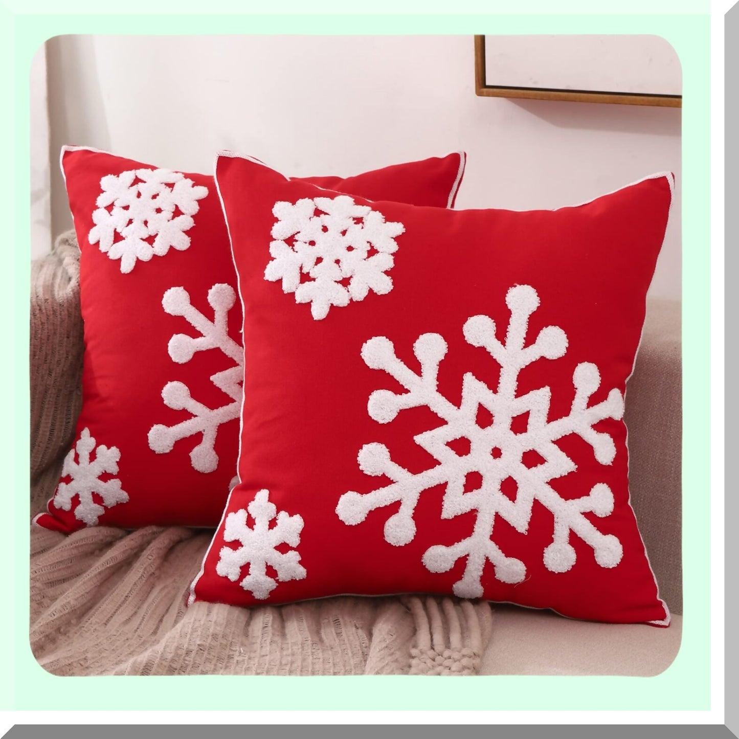 Snowflake Red Pillowcase Set - 18x18 Inch Holiday Decor Cushion Covers - Embroidered Canvas Throw Pillow Covers for Couch, Sofa, Bedroom, Car - Soft Decorative Pillowcases - Pack of 2