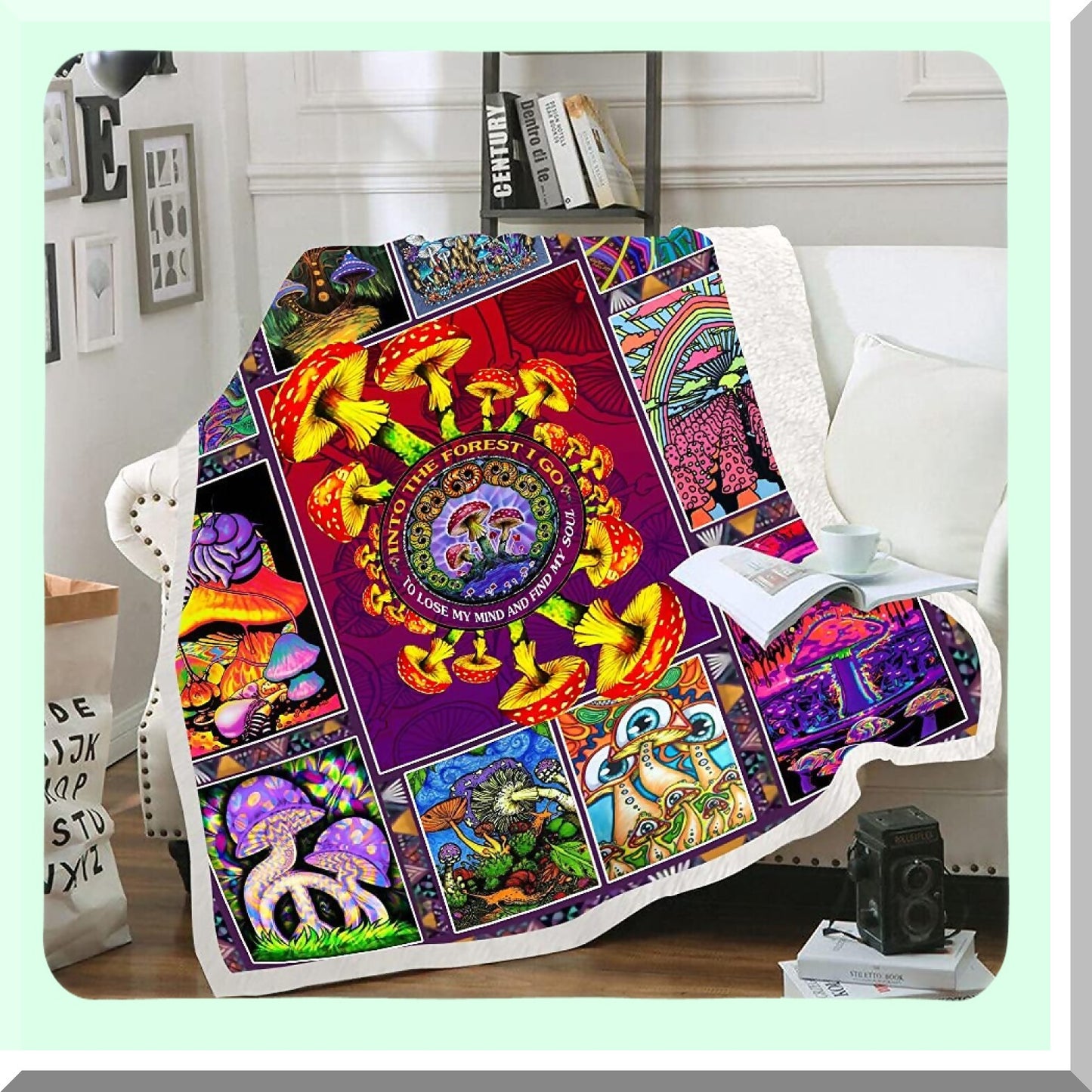 Trippy Sherpa Fleece Blanket - Soft Cotton Fuzzy Throw for Couch, Hippie Plant Design, Plush Wool Comfort, Clic Purple (59 x 79 in)