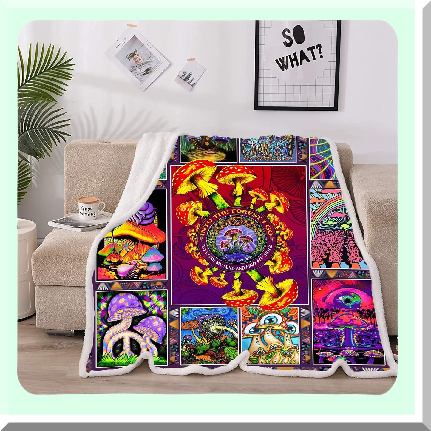 Trippy Sherpa Fleece Blanket - Soft Cotton Fuzzy Throw for Couch, Hippie Plant Design, Plush Wool Comfort, Clic Purple (59 x 79 in)