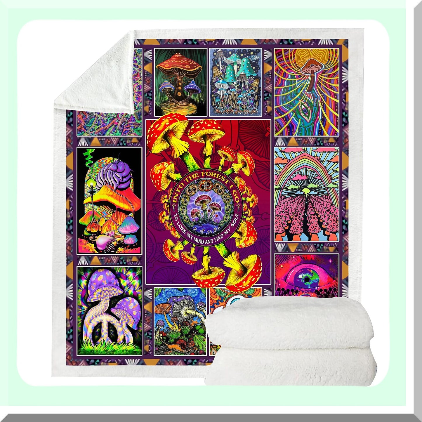 Trippy Sherpa Fleece Blanket - Soft Cotton Fuzzy Throw for Couch, Hippie Plant Design, Plush Wool Comfort, Clic Purple (59 x 79 in)