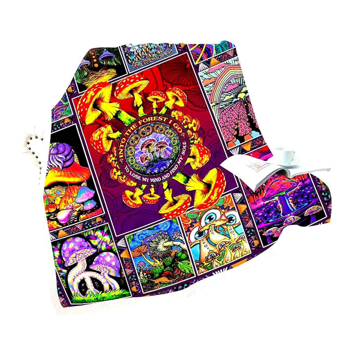 Trippy Sherpa Fleece Blanket - Soft Cotton Fuzzy Throw for Couch, Hippie Plant Design, Plush Wool Comfort, Clic Purple (59 x 79 in)