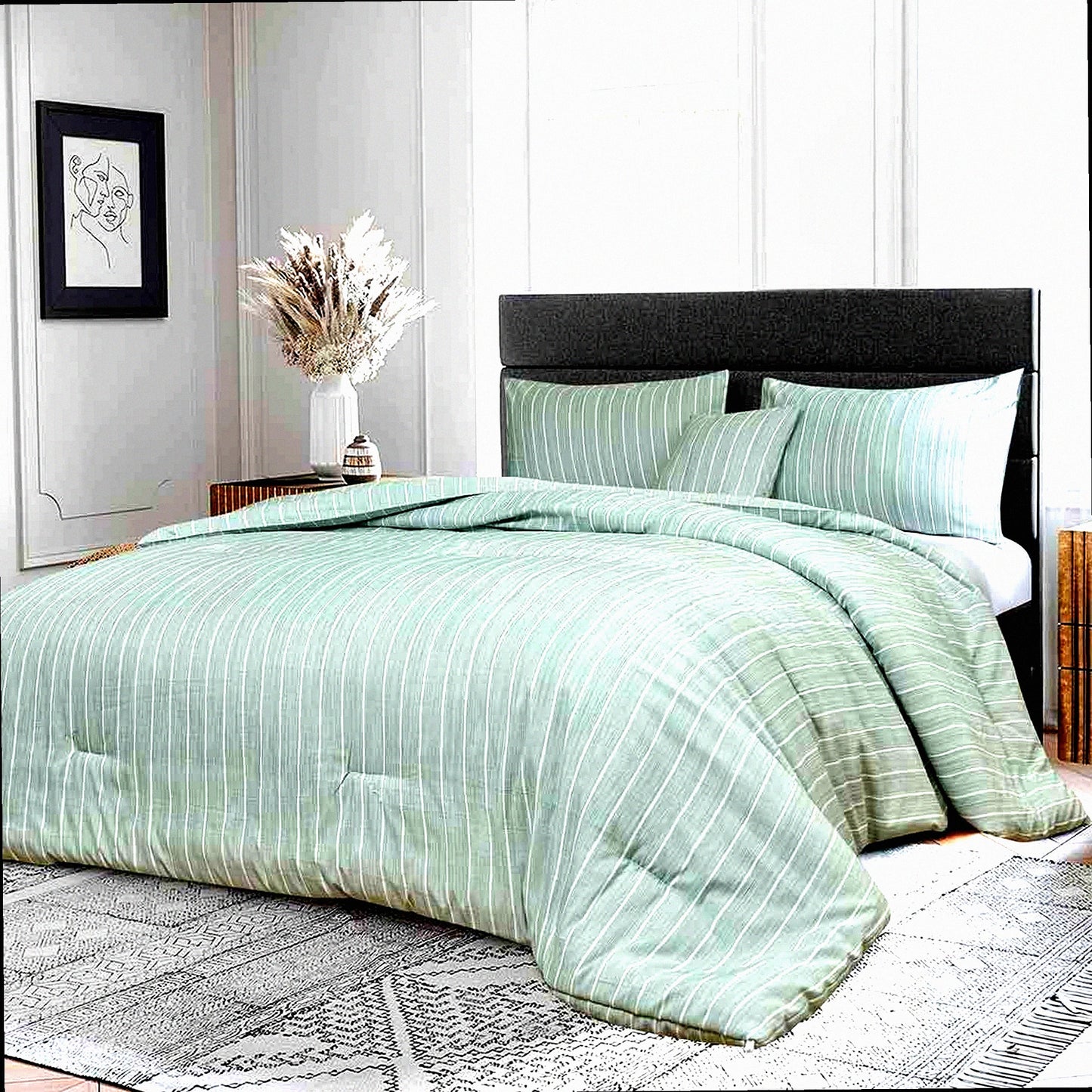 EcoChic Stripe Comforter Set - Queen Size 4pcs Bedding Set for All Seasons. Soft & Lightweight Down Alternative with 2 Pillow Shams. Perfect for Women & Men.