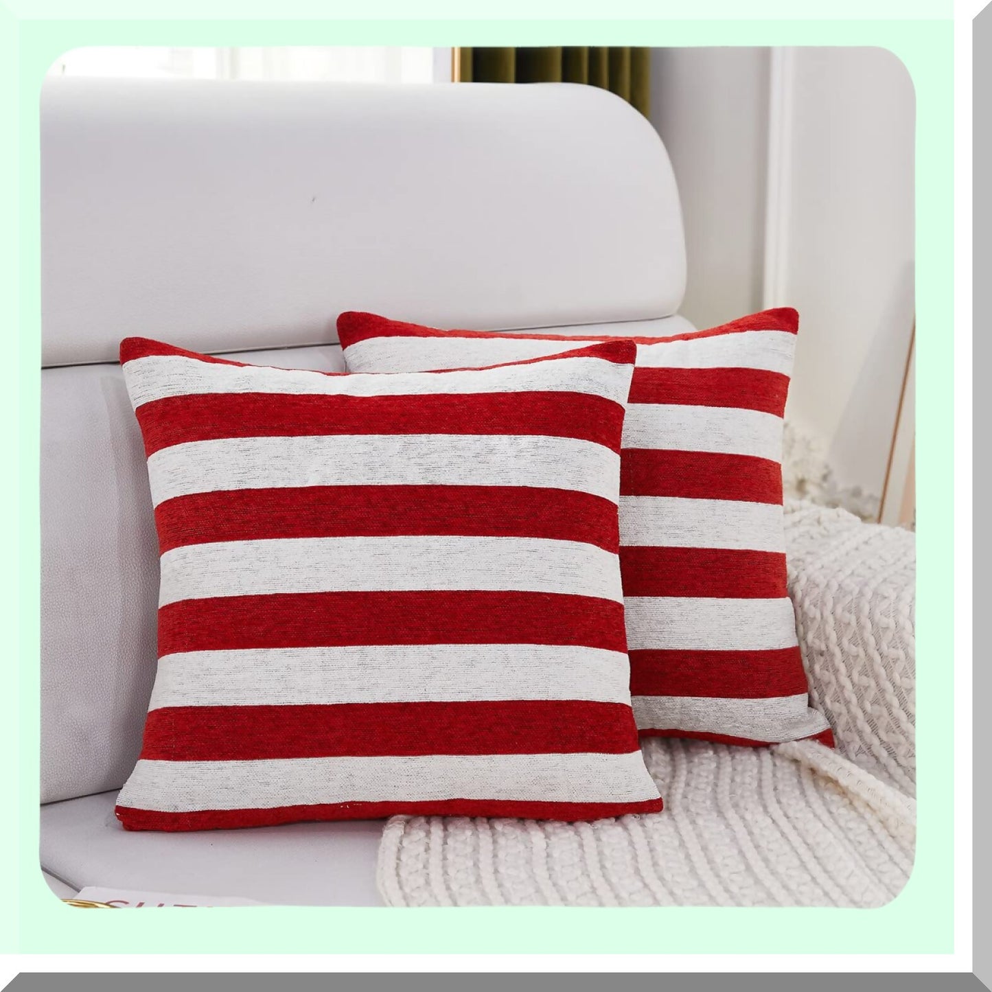Patriotic Chenille Stripe Throw Pillow Covers - Set of 2 | July 4th Accent Cushion Cases for Couch, Sofa, Bed, Car | Red & White 20x20 Inch