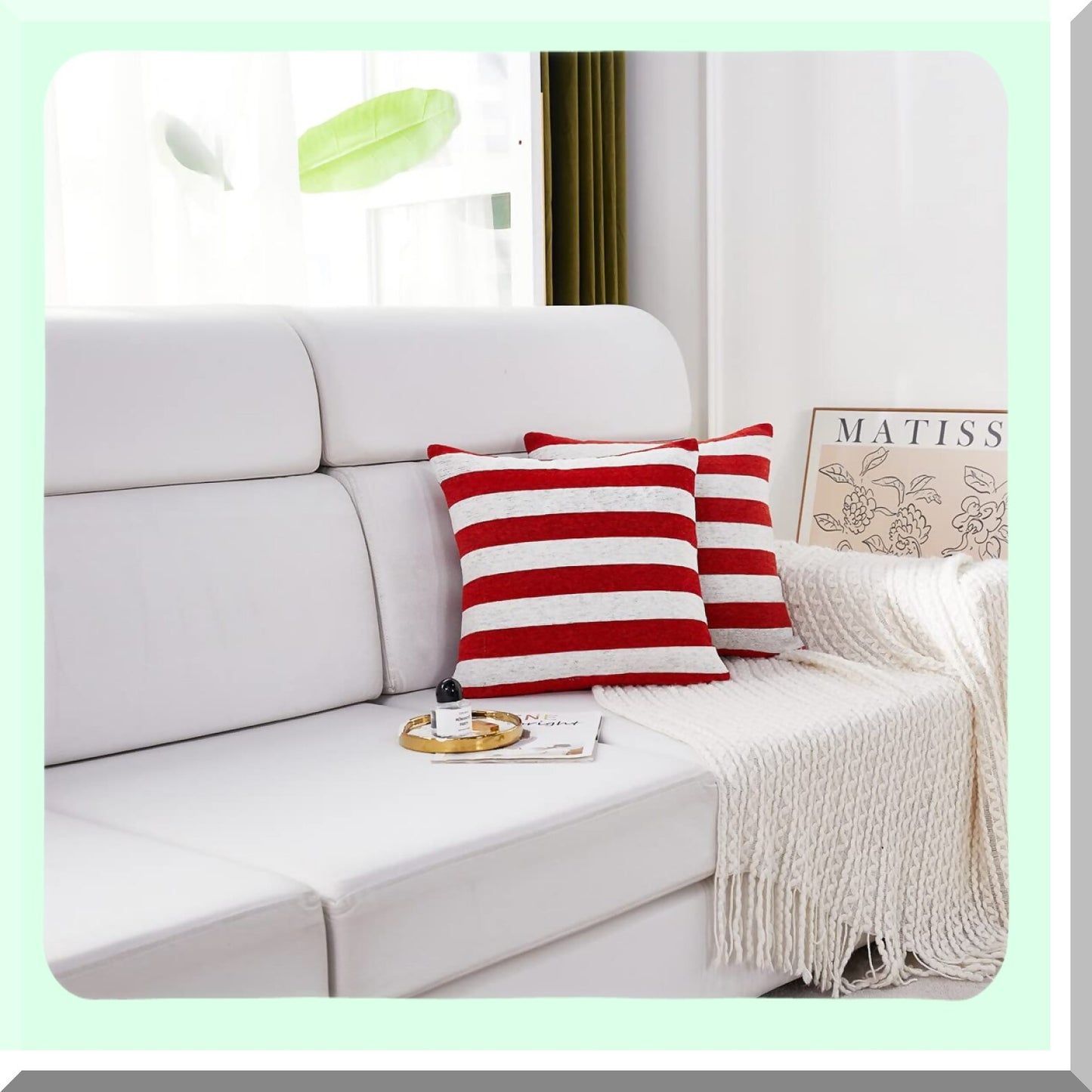 Patriotic Chenille Stripe Throw Pillow Covers - Set of 2 | July 4th Accent Cushion Cases for Couch, Sofa, Bed, Car | Red & White 20x20 Inch