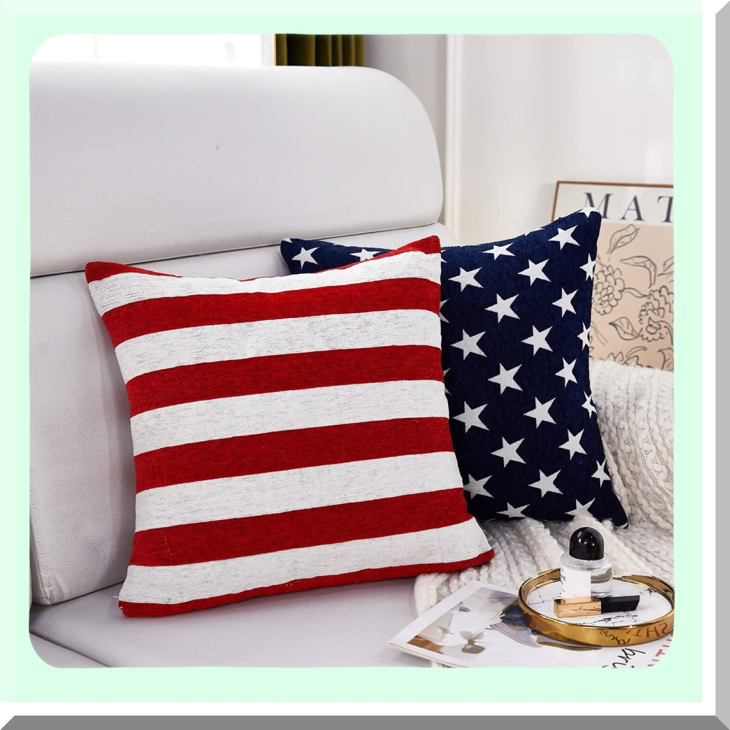 Patriotic Chenille Stripe Throw Pillow Covers - Set of 2 | July 4th Accent Cushion Cases for Couch, Sofa, Bed, Car | Red & White 20x20 Inch