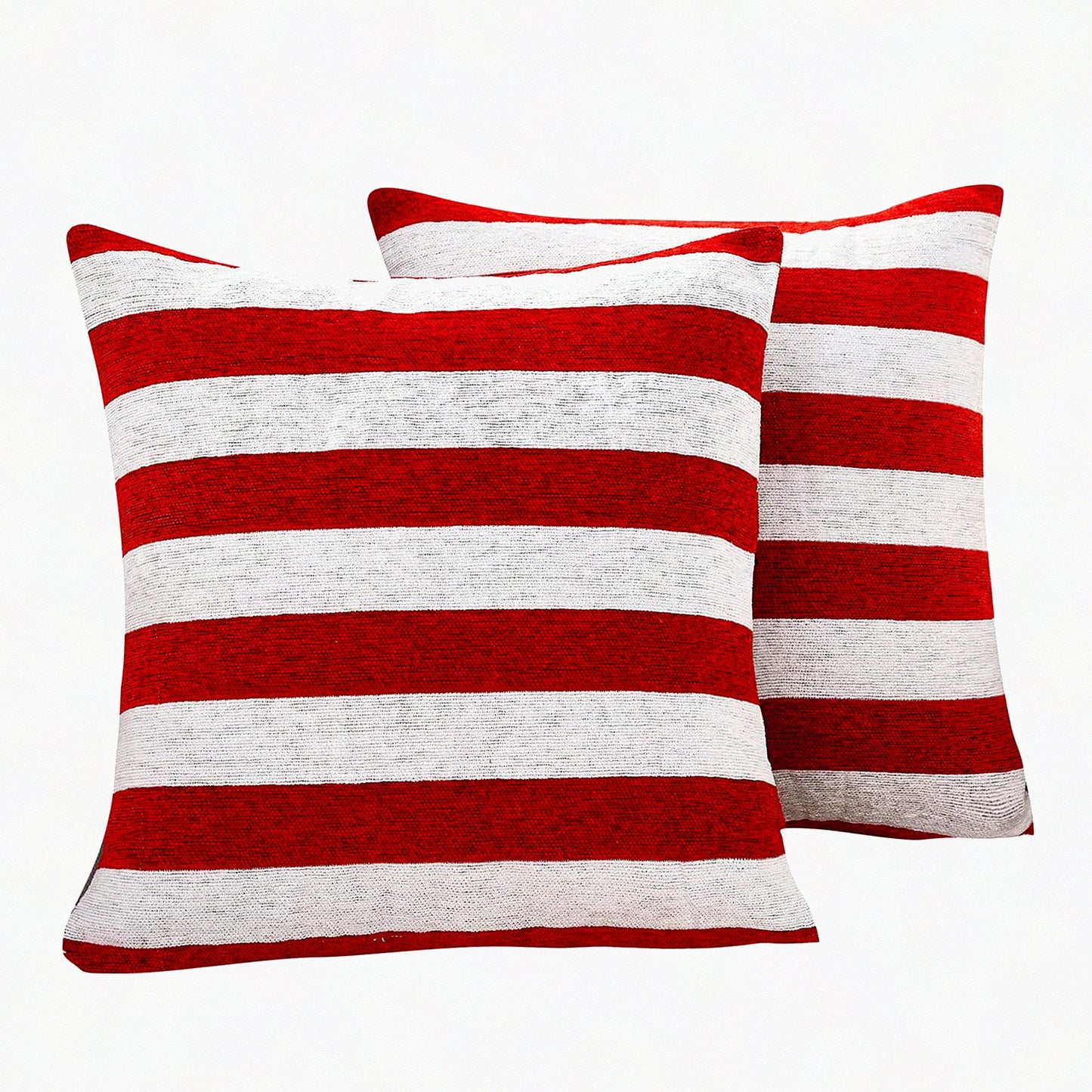 Patriotic Chenille Stripe Throw Pillow Covers - Set of 2 | July 4th Accent Cushion Cases for Couch, Sofa, Bed, Car | Red & White 20x20 Inch