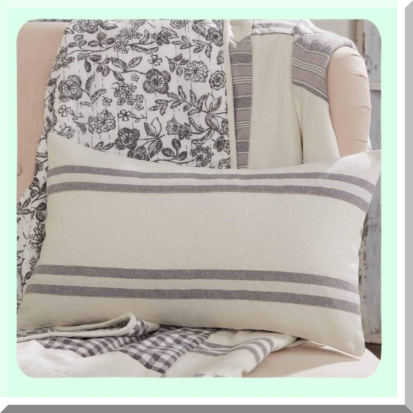 Vintage Farmhouse Stripe Pillow Cover - Rustic Gray & White Throw - Cottage Decor Accent - 12x20 Inch Grain Sack Style Bedding