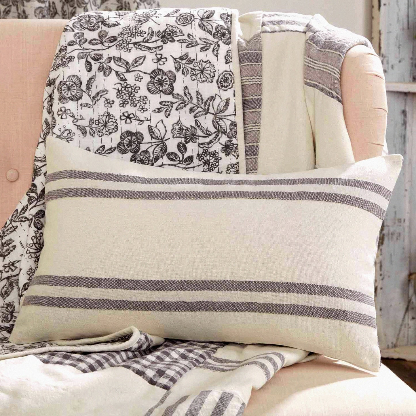 Vintage Farmhouse Stripe Pillow Cover - Rustic Gray & White Throw - Cottage Decor Accent - 12x20 Inch Grain Sack Style Bedding