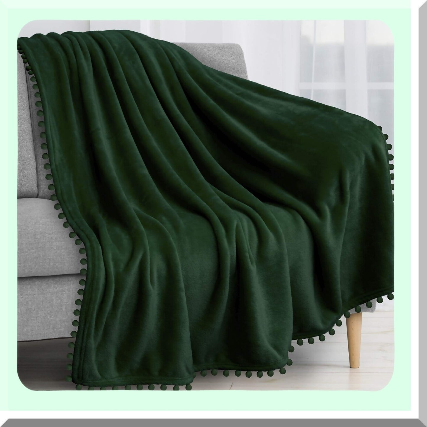 Emerald Cozy Pom Pom Throw Blanket - Soft Fleece, Lightweight, Decorative Boho Home Decor, Flannel Velvet, Dark Green, 50x60 for Couch, Bed, Sofa