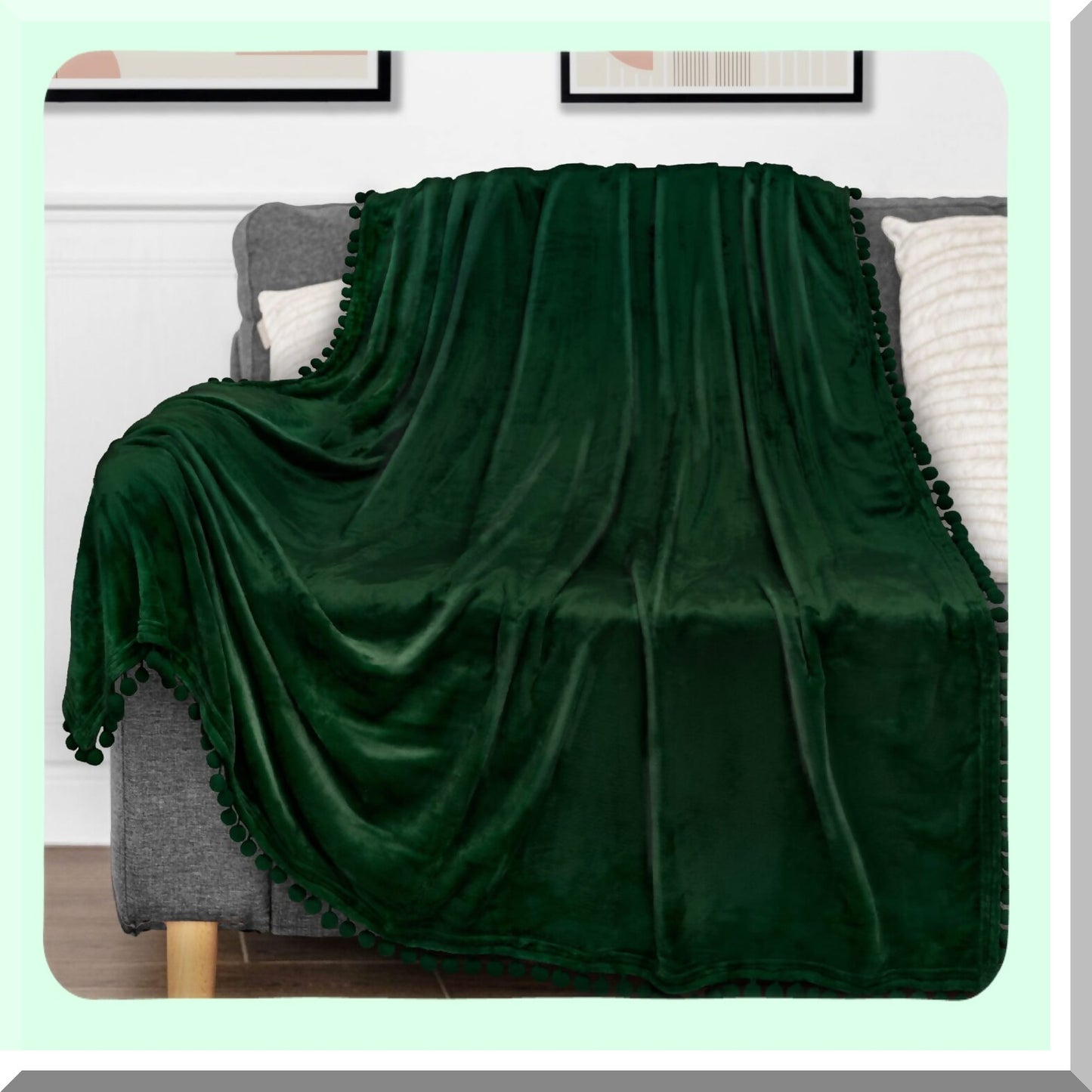 Emerald Cozy Pom Pom Throw Blanket - Soft Fleece, Lightweight, Decorative Boho Home Decor, Flannel Velvet, Dark Green, 50x60 for Couch, Bed, Sofa