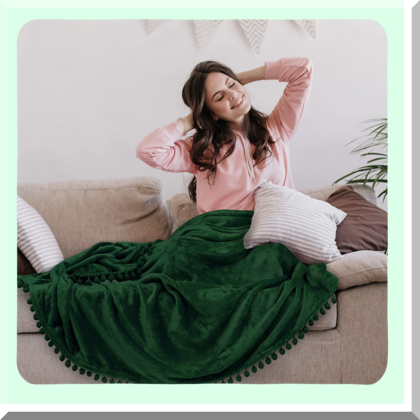 Emerald Cozy Pom Pom Throw Blanket - Soft Fleece, Lightweight, Decorative Boho Home Decor, Flannel Velvet, Dark Green, 50x60 for Couch, Bed, Sofa