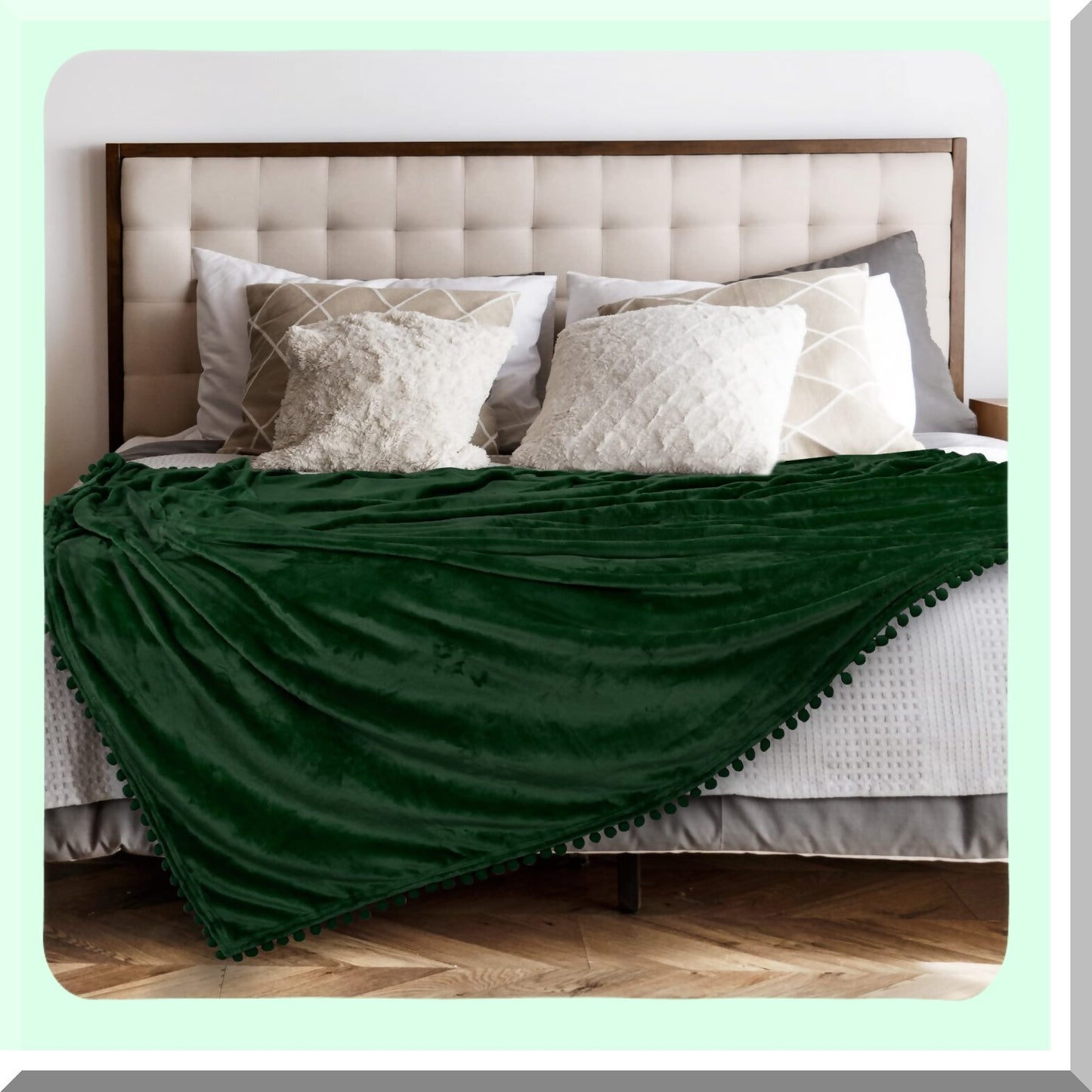Emerald Cozy Pom Pom Throw Blanket - Soft Fleece, Lightweight, Decorative Boho Home Decor, Flannel Velvet, Dark Green, 50x60 for Couch, Bed, Sofa