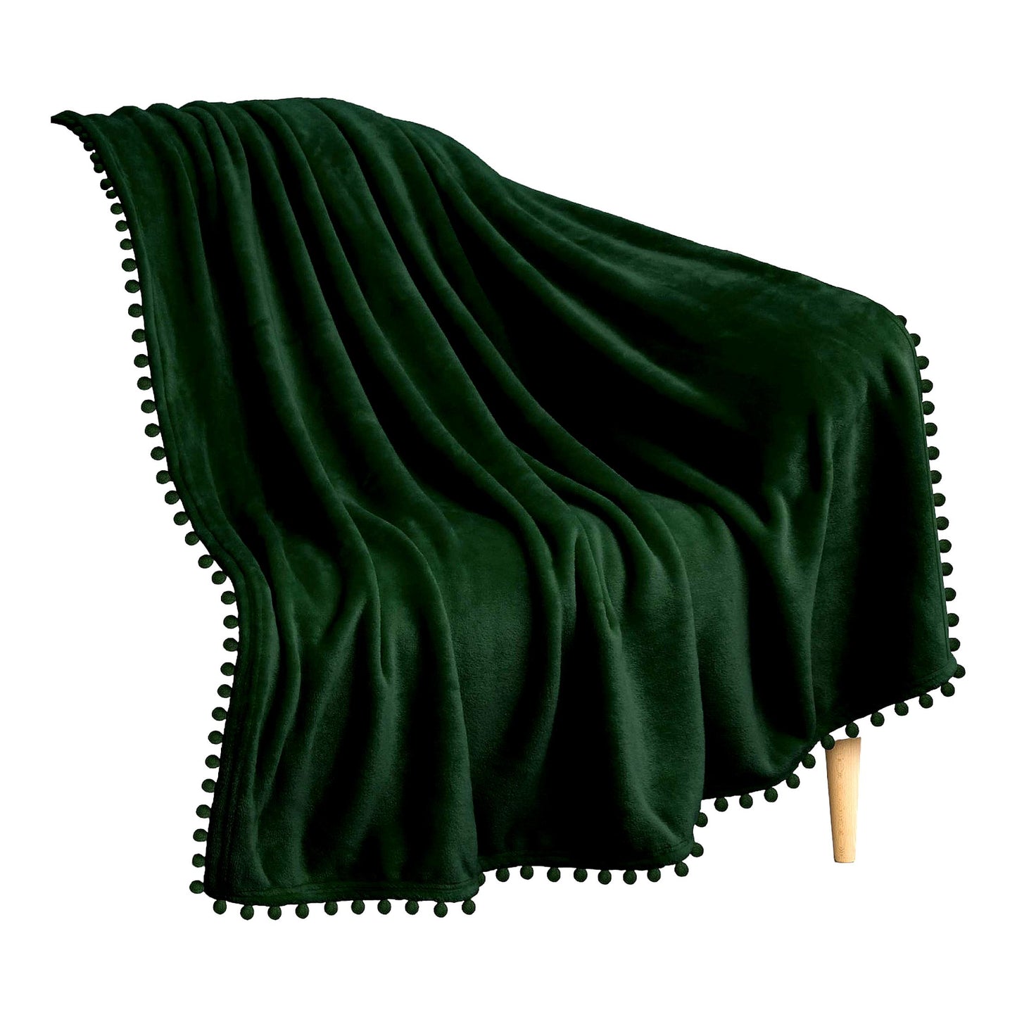 Emerald Cozy Pom Pom Throw Blanket - Soft Fleece, Lightweight, Decorative Boho Home Decor, Flannel Velvet, Dark Green, 50x60 for Couch, Bed, Sofa