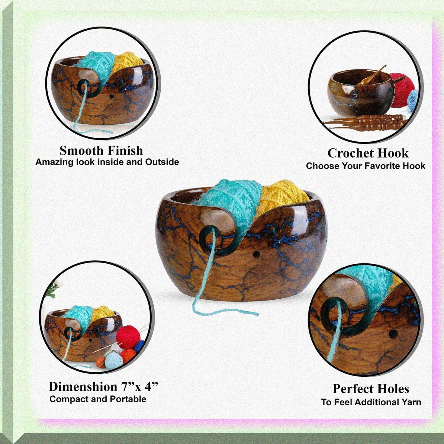 Personalized Rosewood Yarn Bowl with Fractal Wood Burning and Resin Artwork