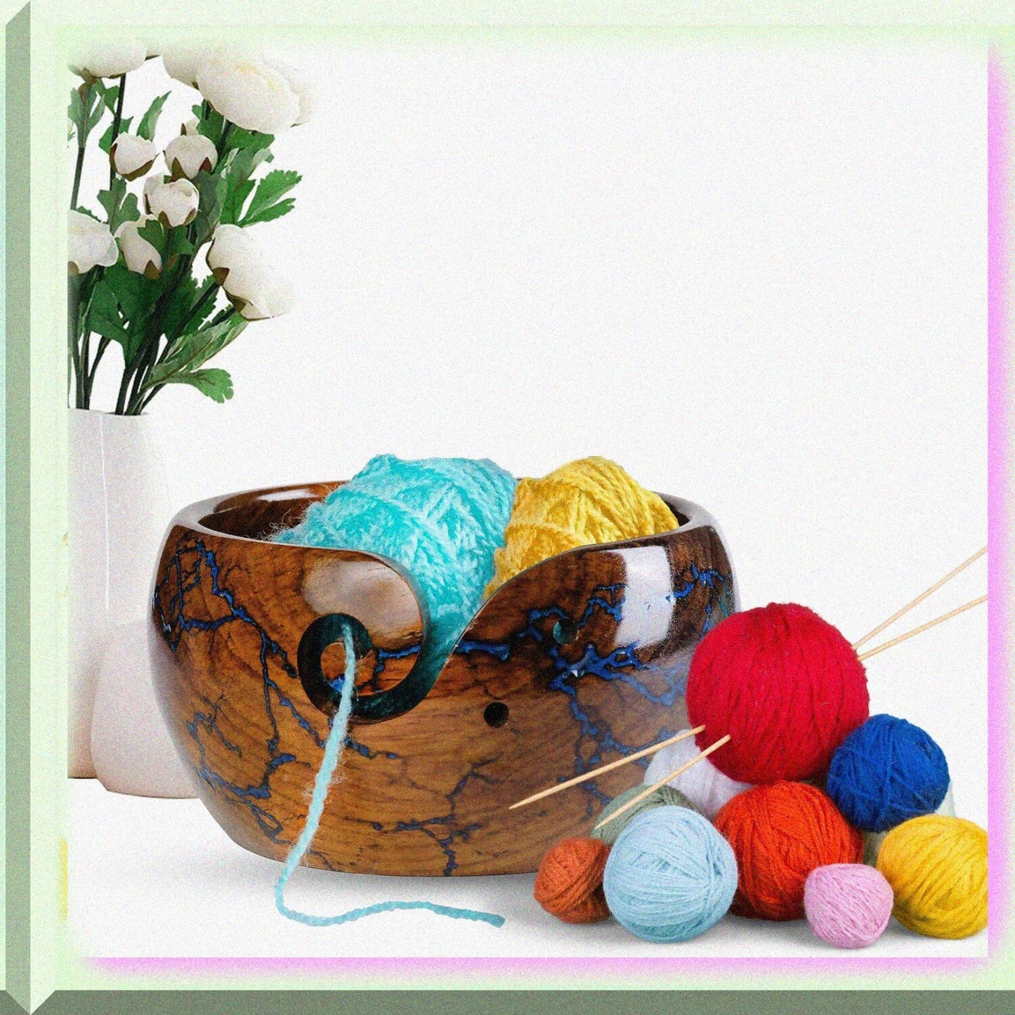 Personalized Rosewood Yarn Bowl with Fractal Wood Burning and Resin Artwork