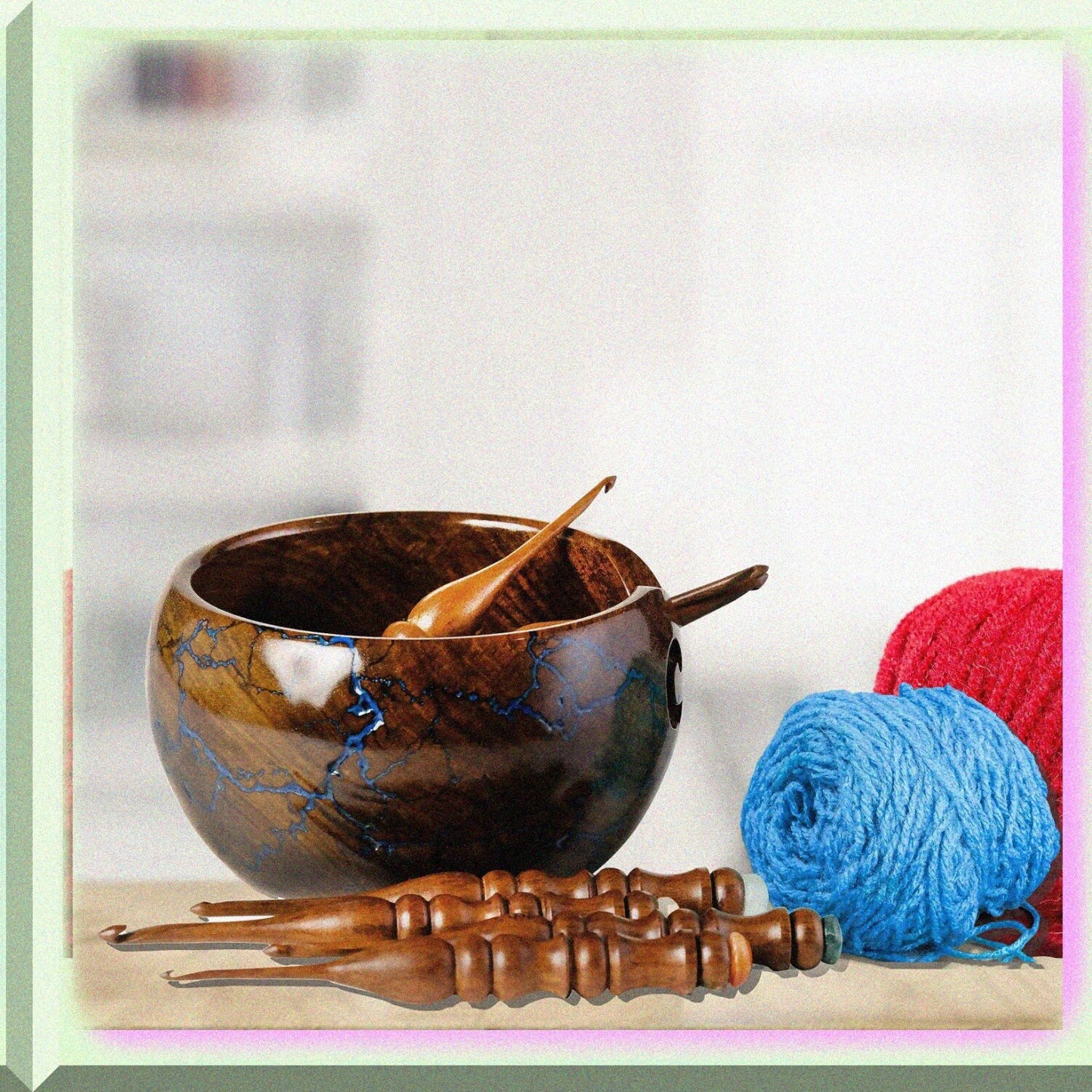 Personalized Rosewood Yarn Bowl with Fractal Wood Burning and Resin Artwork