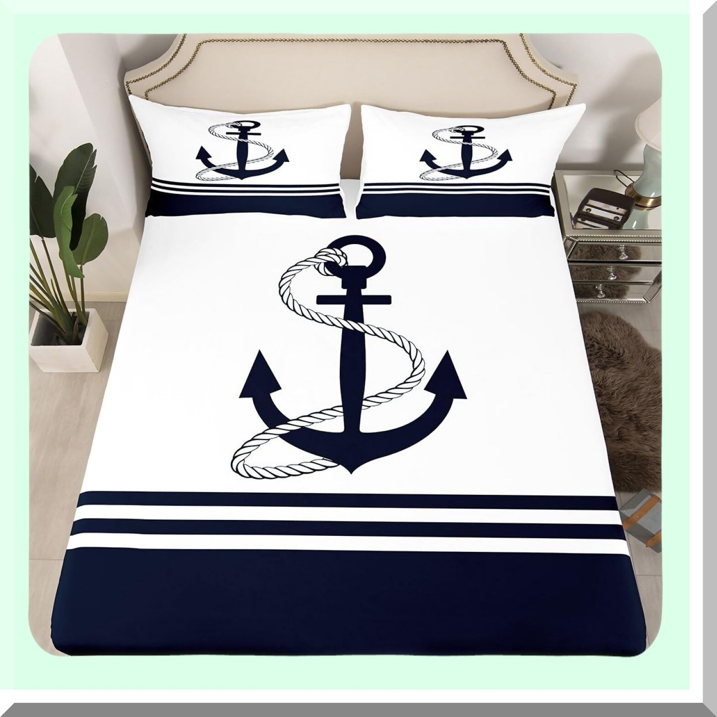 Anchor's Cove Nautical Bedding Set - Deep Pocket Fitted Sheet, Flat Sheet, Pillowcases - Ocean Themed Print with Stripes & Geometric Design - Navy & White - Bedroom Decor - Size Full/Queen/King