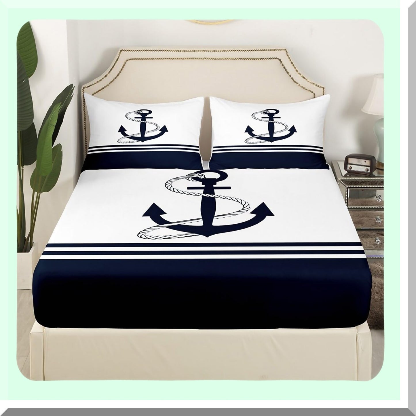 Anchor's Cove Nautical Bedding Set - Deep Pocket Fitted Sheet, Flat Sheet, Pillowcases - Ocean Themed Print with Stripes & Geometric Design - Navy & White - Bedroom Decor - Size Full/Queen/King