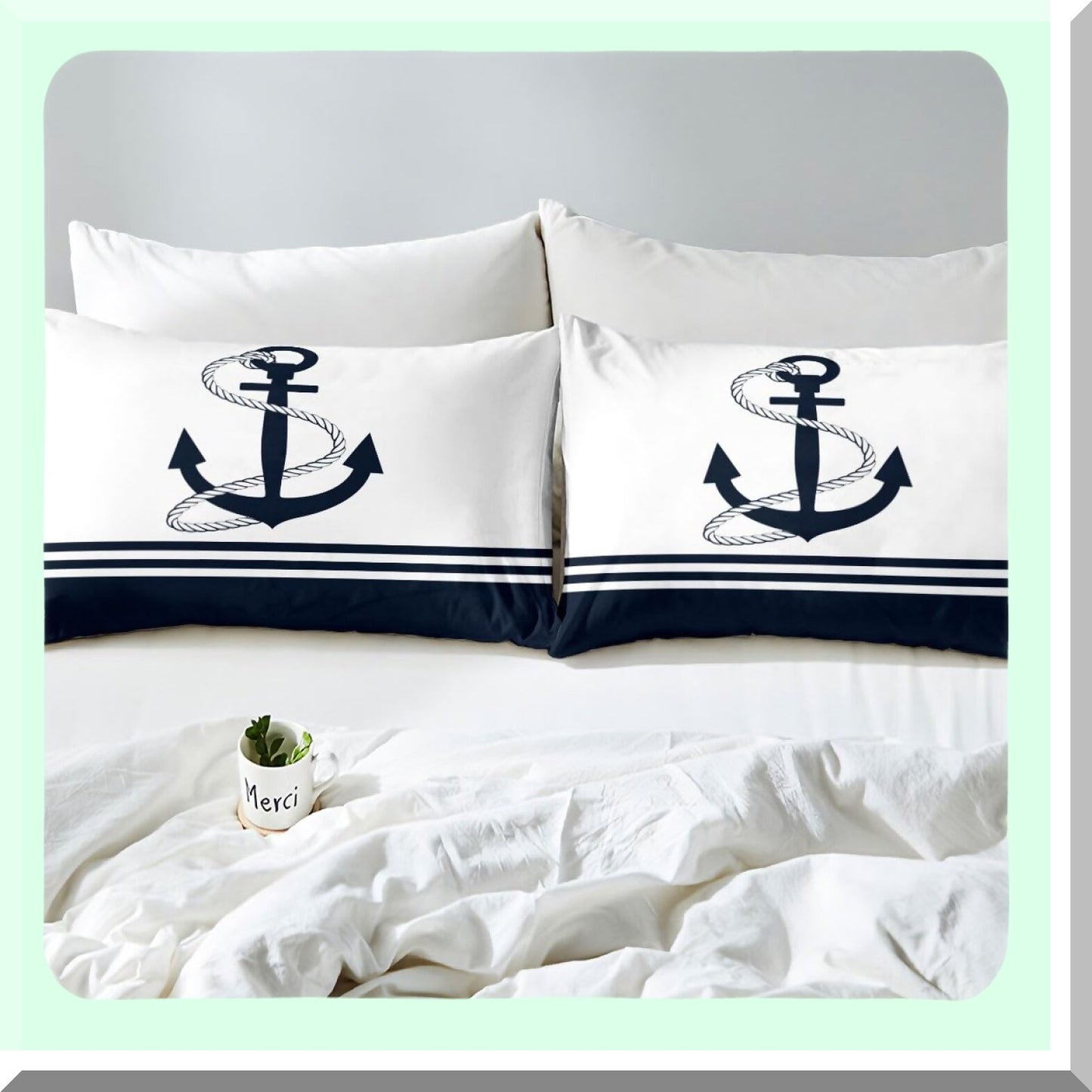 Anchor's Cove Nautical Bedding Set - Deep Pocket Fitted Sheet, Flat Sheet, Pillowcases - Ocean Themed Print with Stripes & Geometric Design - Navy & White - Bedroom Decor - Size Full/Queen/King