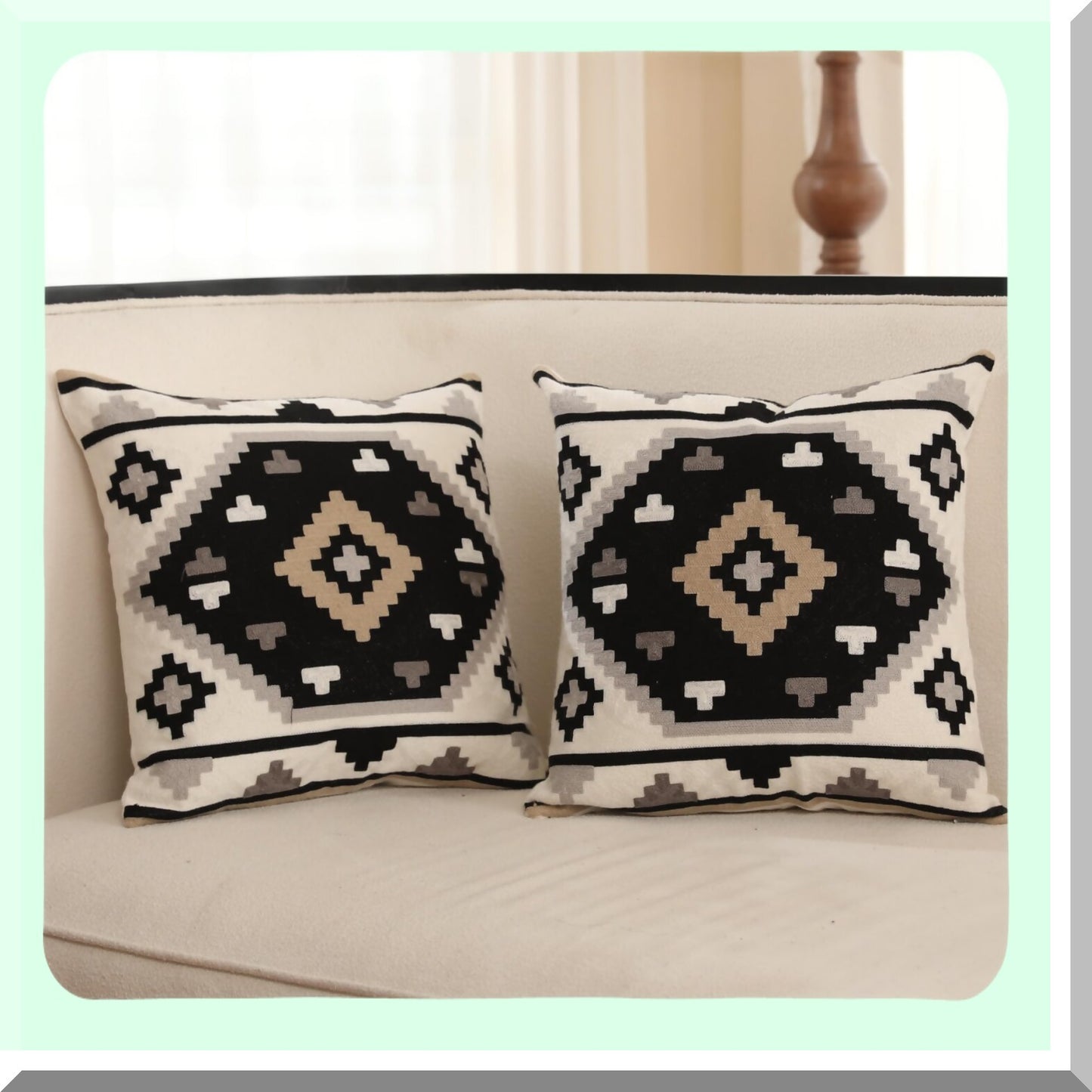 Southwest Boho Geometric Pillow Cover Set - Pack of 2 Black White Gray Brown Tribal Embroidery Throw Pillowcase for Modern Farmhouse Decor, 18"x18"
