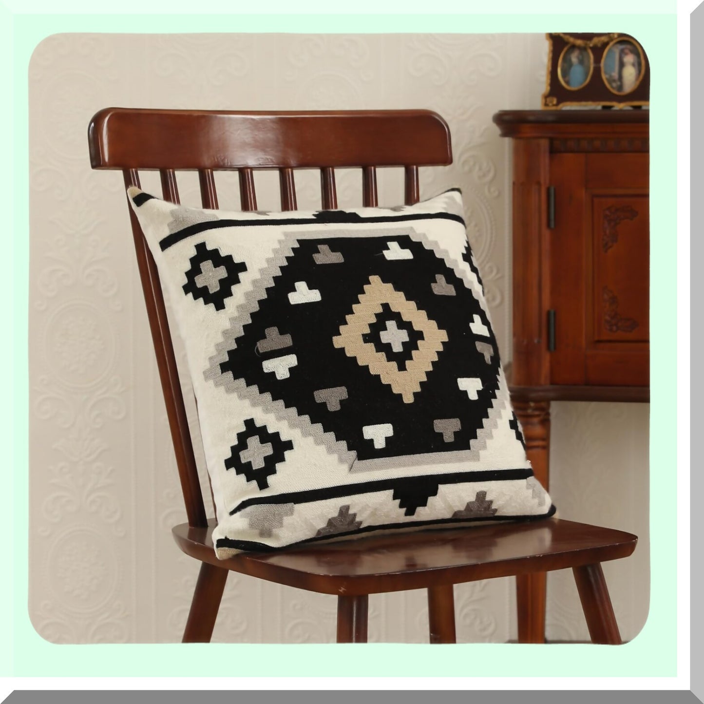 Southwest Boho Geometric Pillow Cover Set - Pack of 2 Black White Gray Brown Tribal Embroidery Throw Pillowcase for Modern Farmhouse Decor, 18"x18"