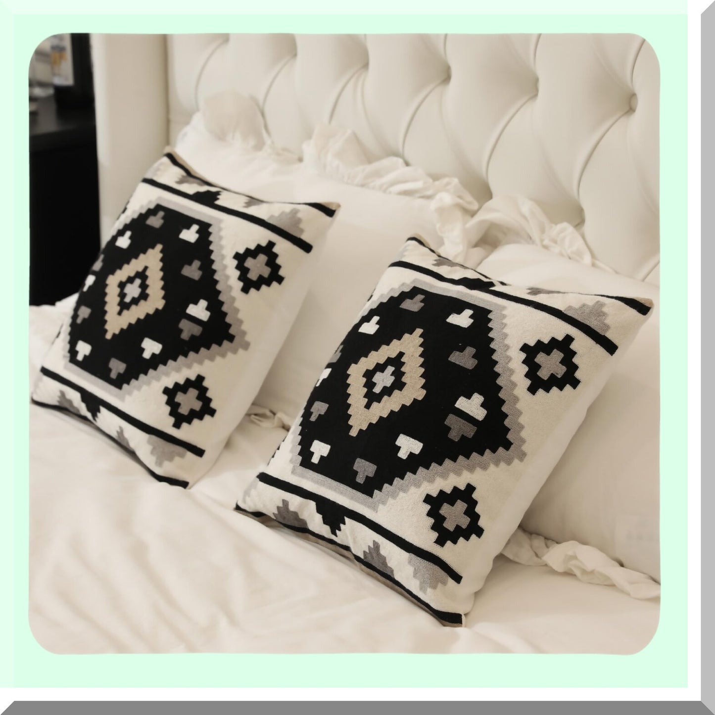 Southwest Boho Geometric Pillow Cover Set - Pack of 2 Black White Gray Brown Tribal Embroidery Throw Pillowcase for Modern Farmhouse Decor, 18"x18"