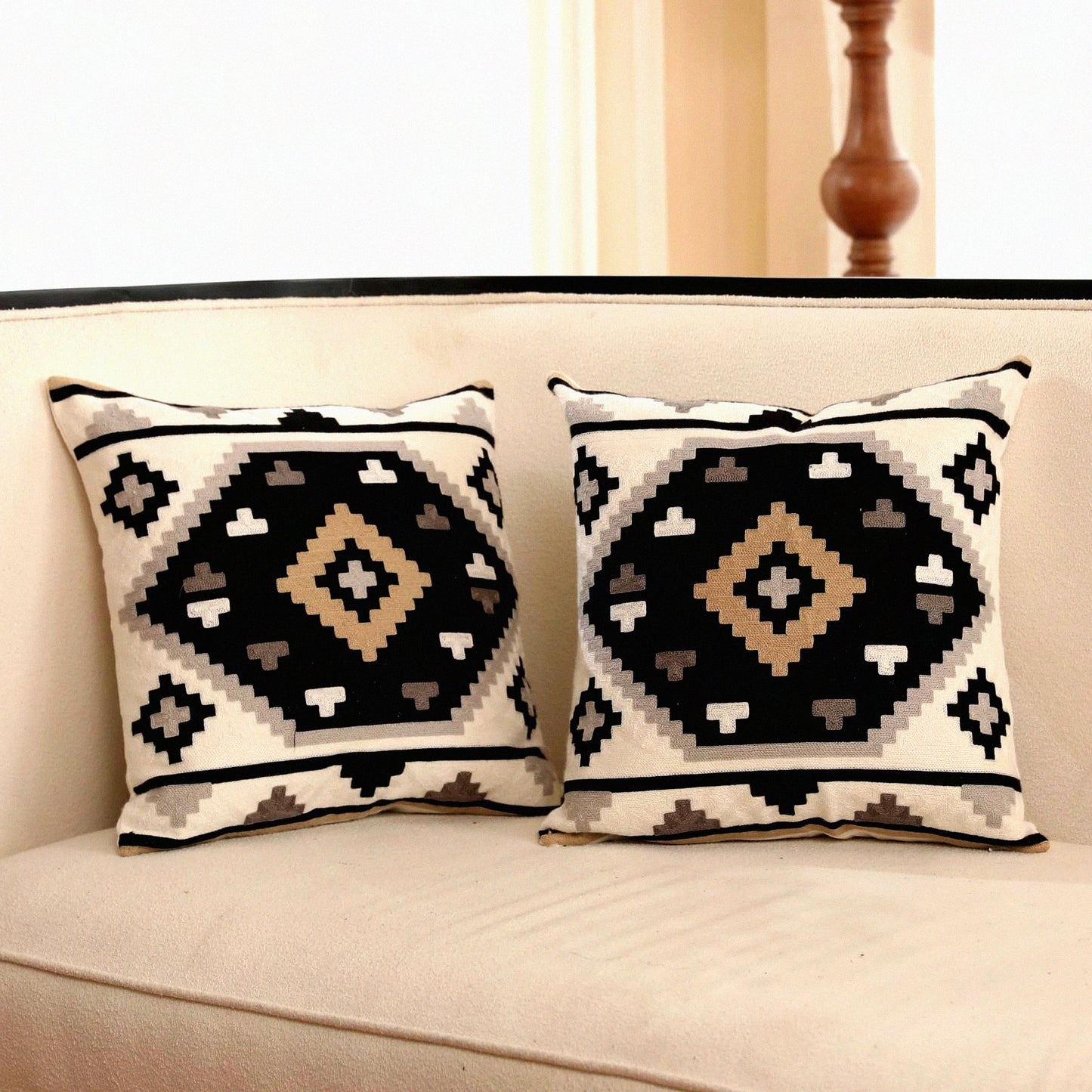 Southwest Boho Geometric Pillow Cover Set - Pack of 2 Black White Gray Brown Tribal Embroidery Throw Pillowcase for Modern Farmhouse Decor, 18"x18"