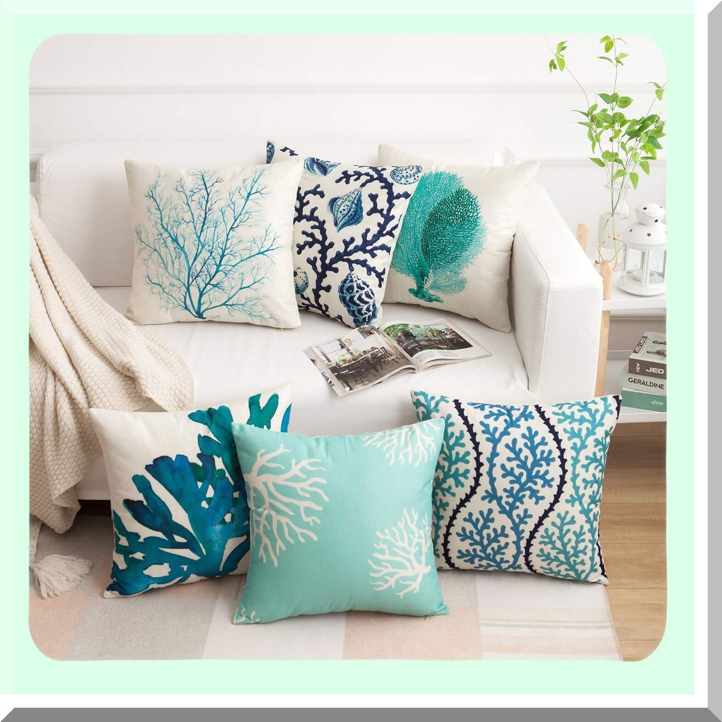 Ocean Breeze Coastal Pillow Covers - Set of 6 Decorative Cushion Cases, 18x18 Inches, Beach Theme Square Cotton Linen Throw Pillow Covers