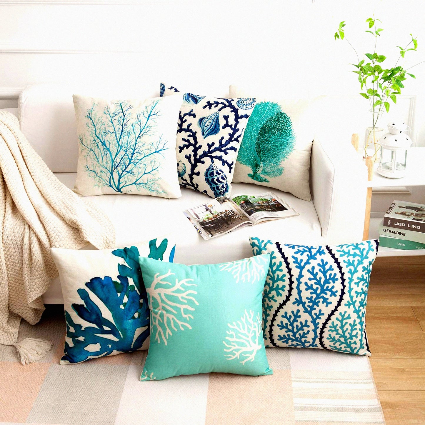 Ocean Breeze Coastal Pillow Covers - Set of 6 Decorative Cushion Cases, 18x18 Inches, Beach Theme Square Cotton Linen Throw Pillow Covers