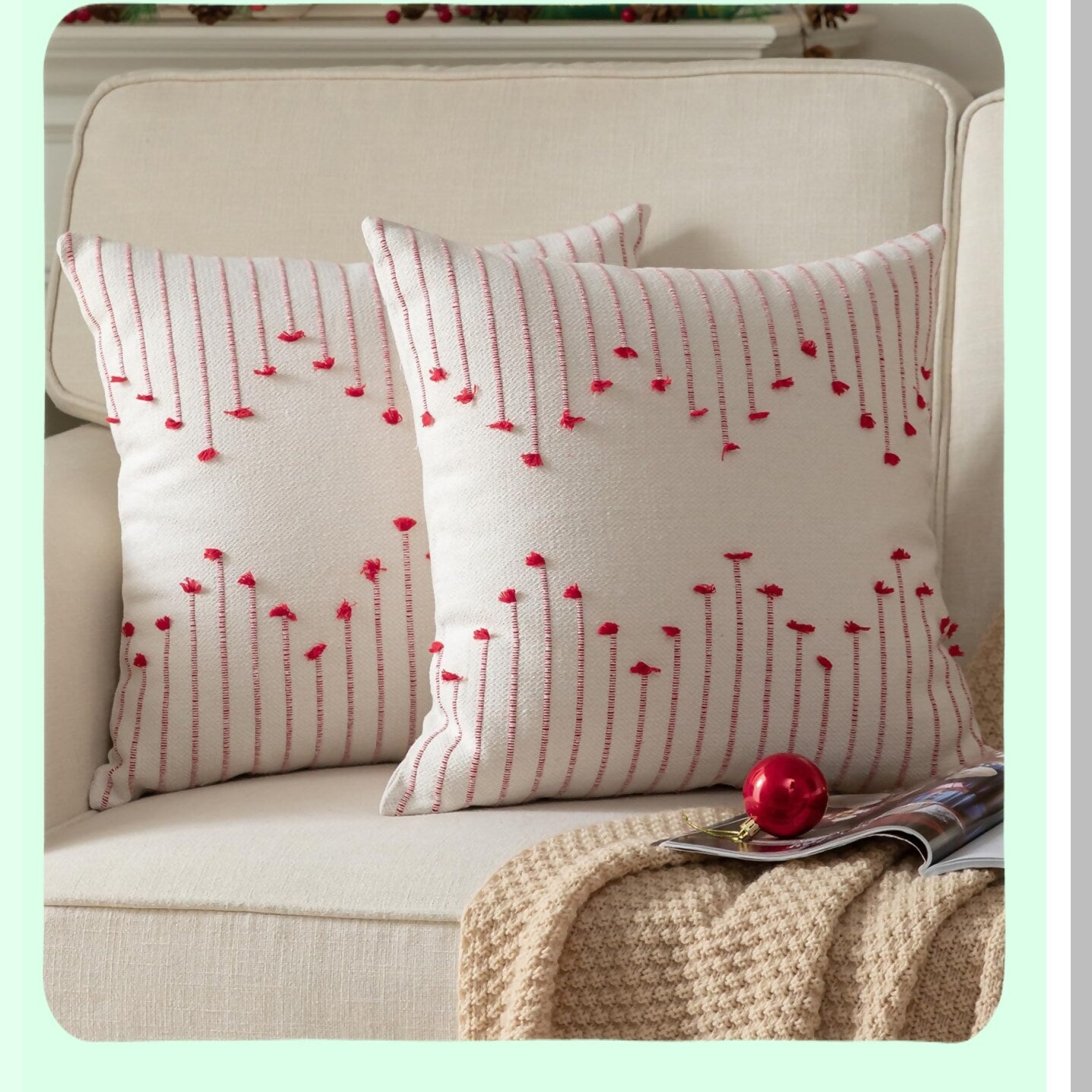 Farmhouse Holiday Boho Pillow Covers - Set of 2, Beige & Red Line Decorative Cushion Cases 18x18 for Living Room, Bedroom, Sofa, Outdoor Décor
