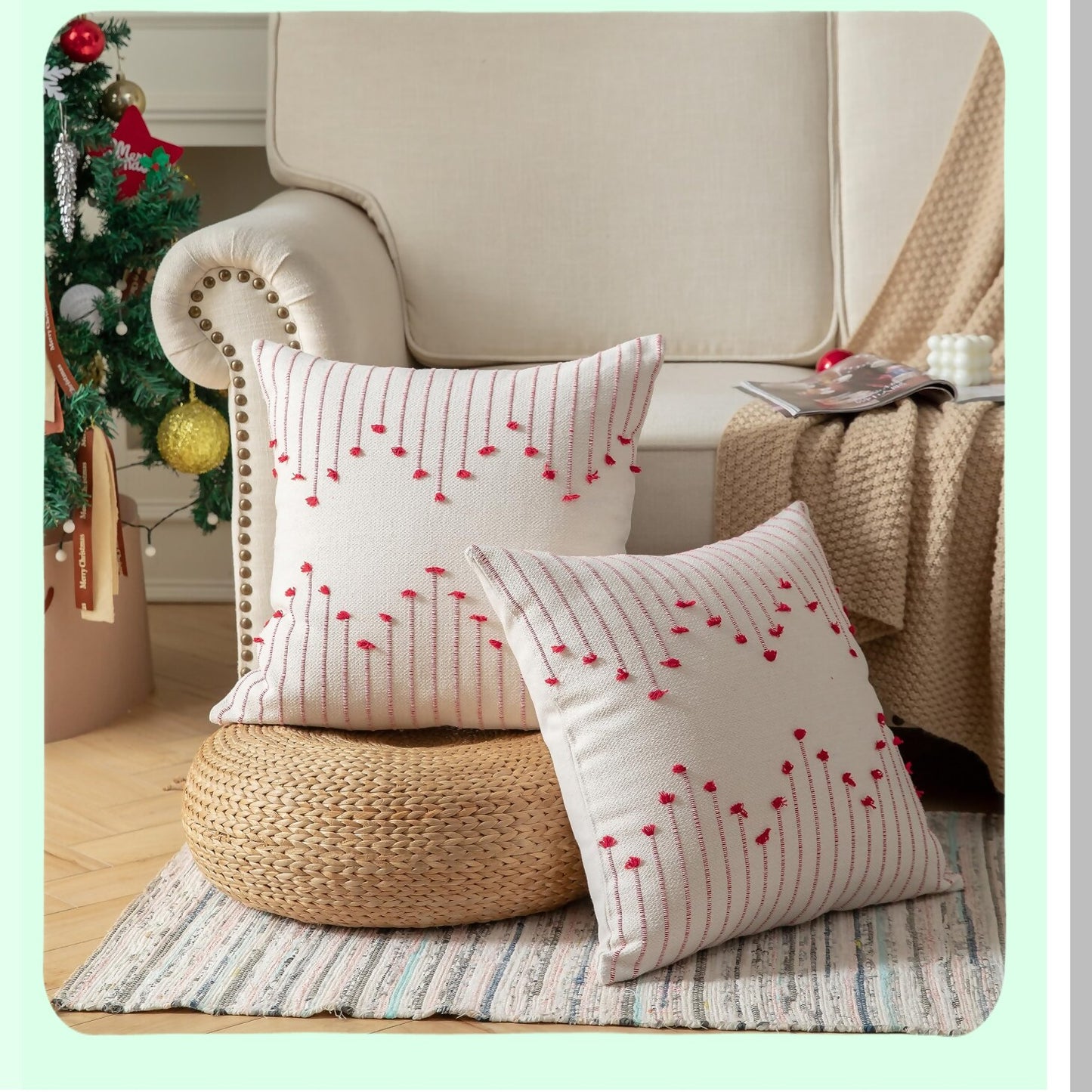 Farmhouse Holiday Boho Pillow Covers - Set of 2, Beige & Red Line Decorative Cushion Cases 18x18 for Living Room, Bedroom, Sofa, Outdoor Décor