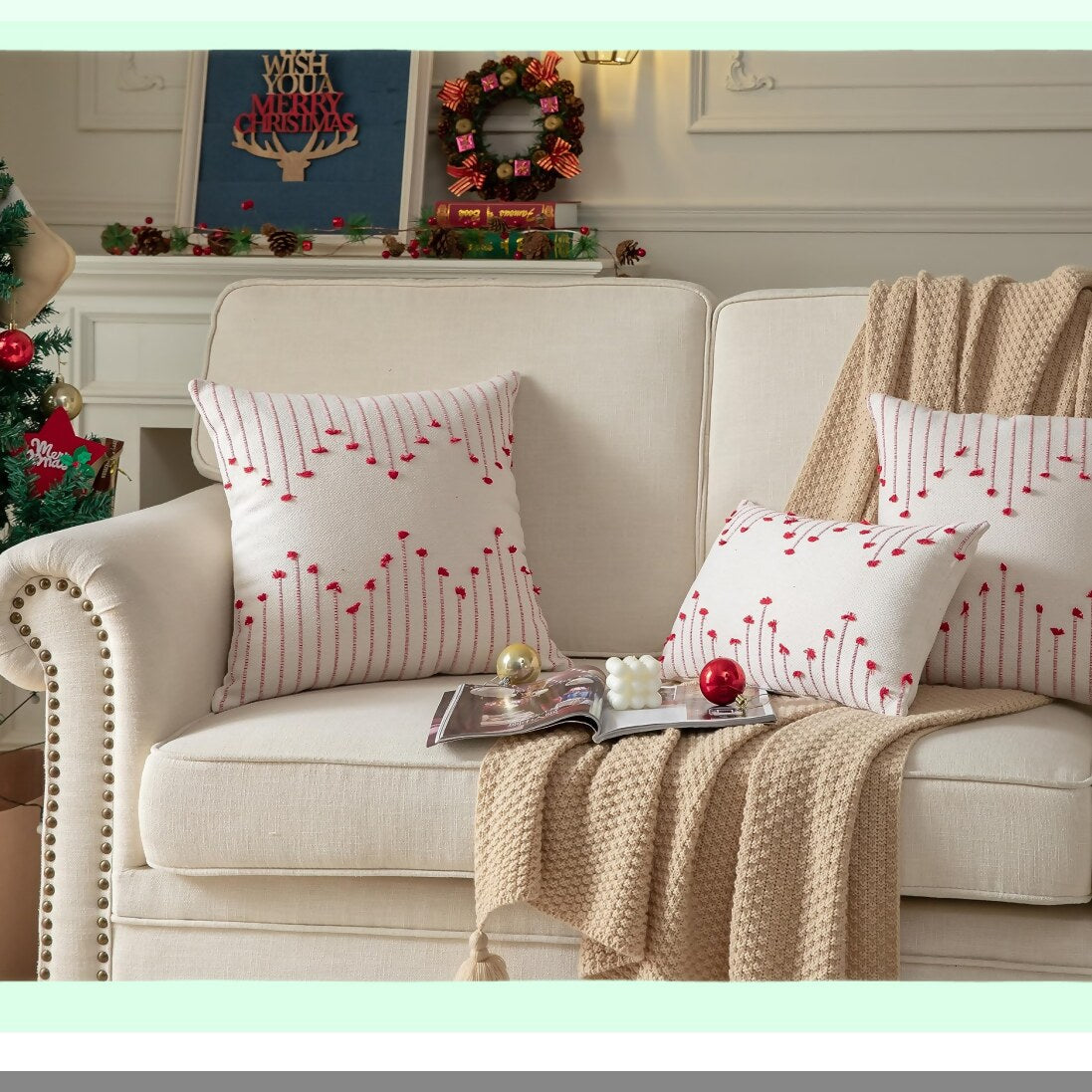 Farmhouse Holiday Boho Pillow Covers - Set of 2, Beige & Red Line Decorative Cushion Cases 18x18 for Living Room, Bedroom, Sofa, Outdoor Décor