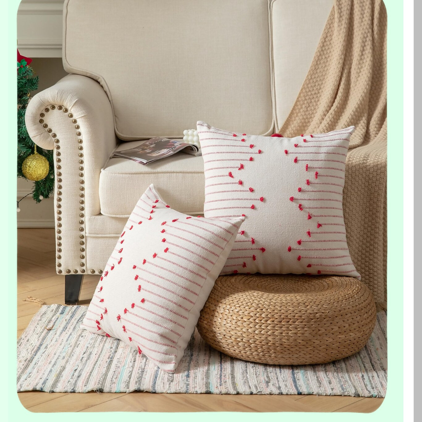 Farmhouse Holiday Boho Pillow Covers - Set of 2, Beige & Red Line Decorative Cushion Cases 18x18 for Living Room, Bedroom, Sofa, Outdoor Décor