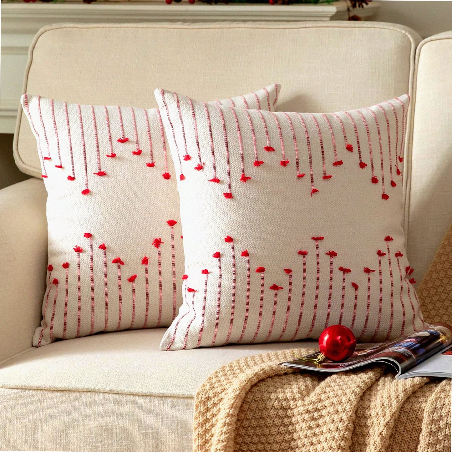 Farmhouse Holiday Boho Pillow Covers - Set of 2, Beige & Red Line Decorative Cushion Cases 18x18 for Living Room, Bedroom, Sofa, Outdoor Décor