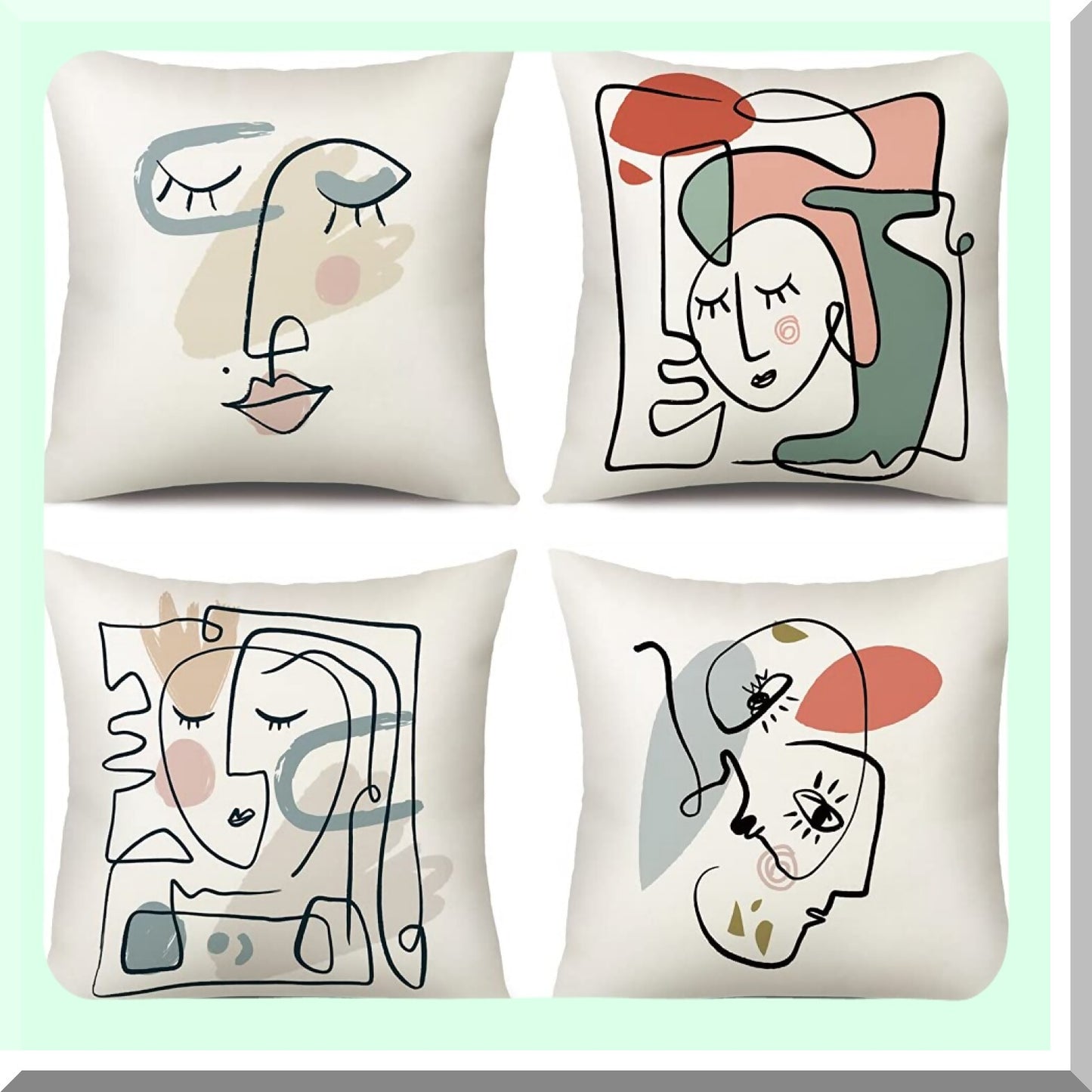 Abstract Face Pillowcase Set - Decorative Square Cushion Covers for Home Decor, Sofa, Bedroom, Car - 4 Pack 18x18 Inch Case