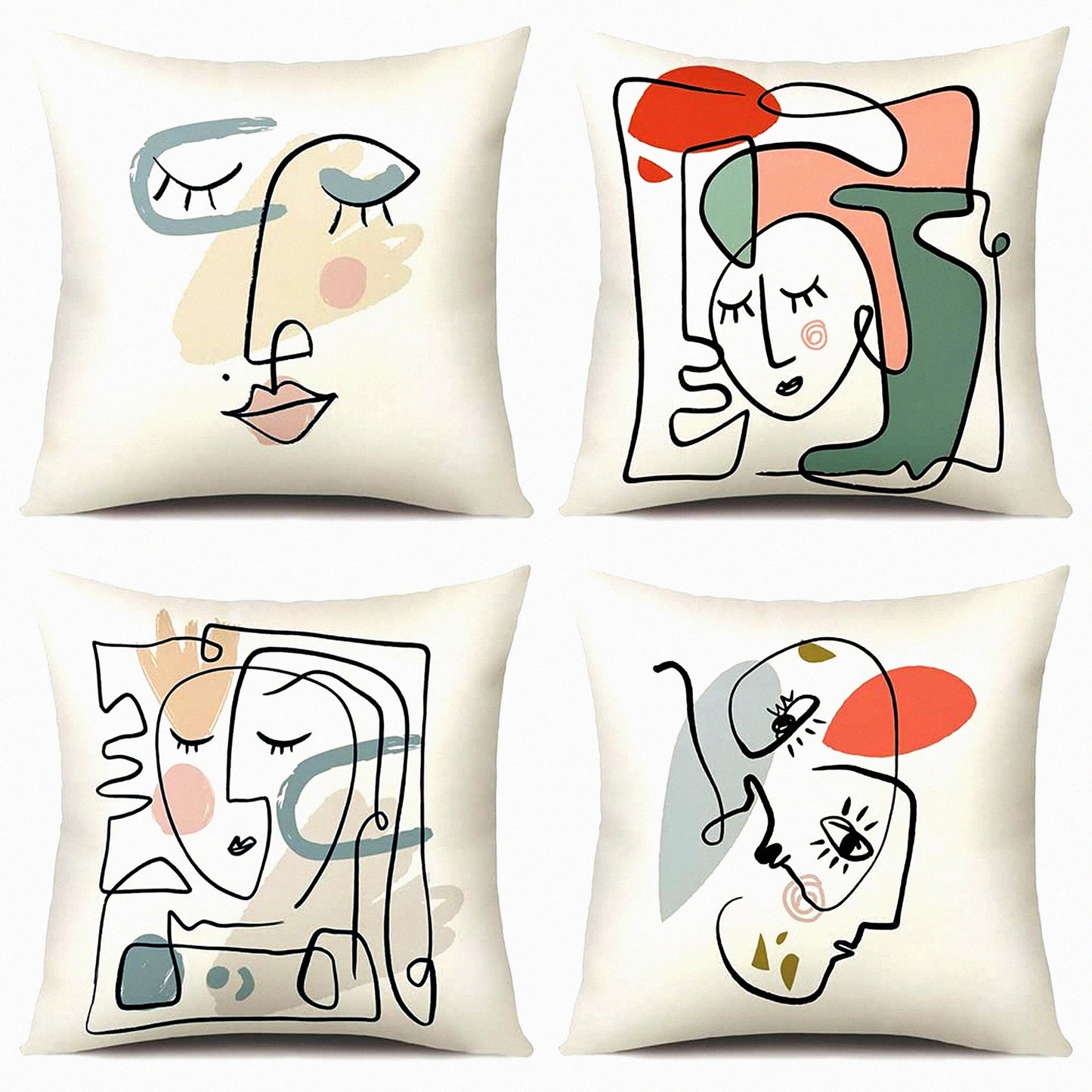 Abstract Face Pillowcase Set - Decorative Square Cushion Covers for Home Decor, Sofa, Bedroom, Car - 4 Pack 18x18 Inch Case