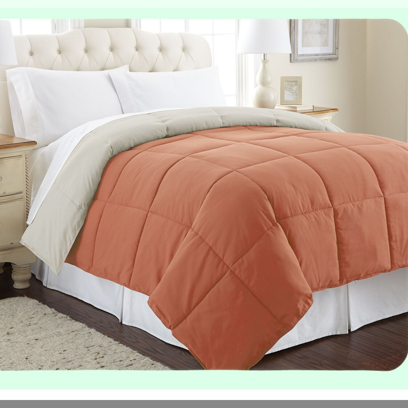 Quilted Microfiber Comforter - Reversible Duvet Insert - All Seasons Bedding - Soft & Cozy Goose Down Alternative - Full/Queen Size - Orange Rust/Oatmeal