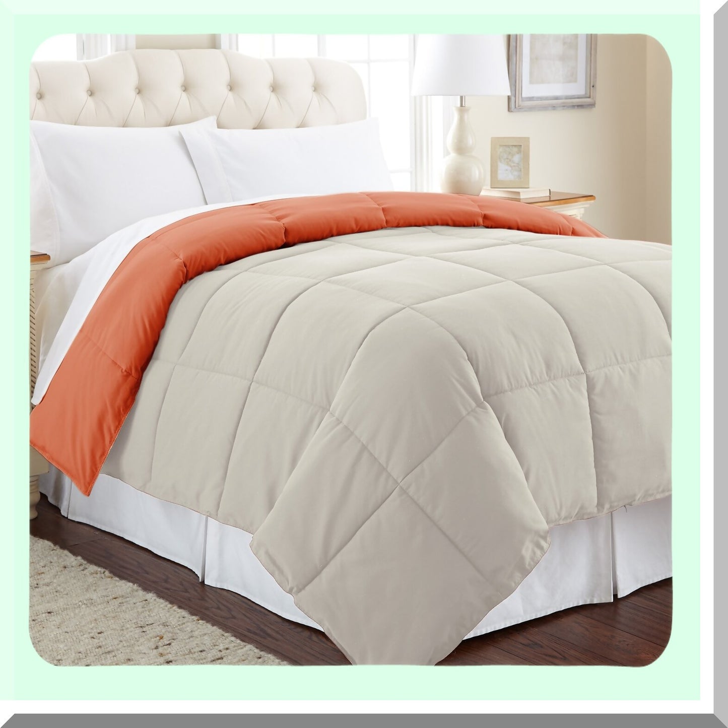 Quilted Microfiber Comforter - Reversible Duvet Insert - All Seasons Bedding - Soft & Cozy Goose Down Alternative - Full/Queen Size - Orange Rust/Oatmeal