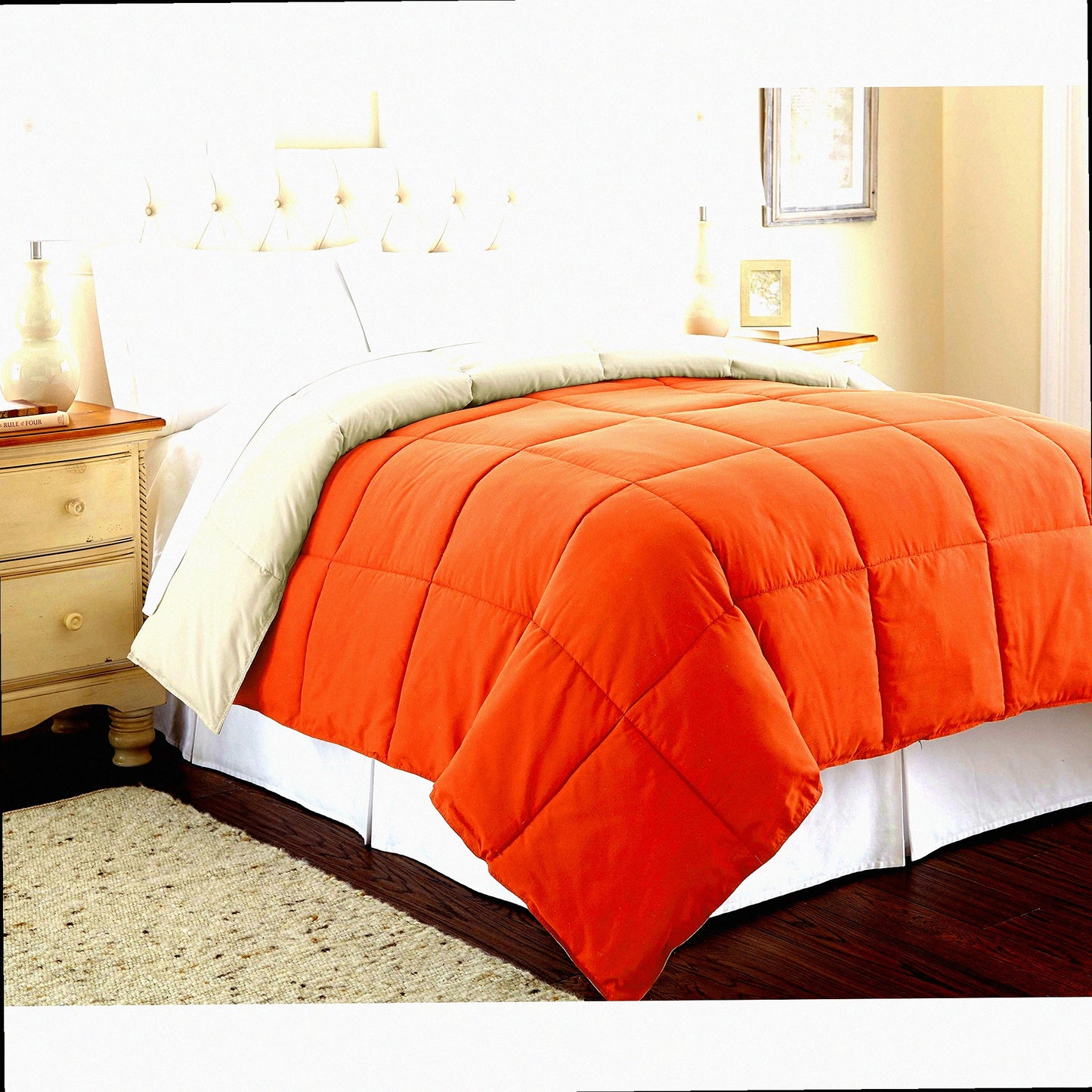 Quilted Microfiber Comforter - Reversible Duvet Insert - All Seasons Bedding - Soft & Cozy Goose Down Alternative - Full/Queen Size - Orange Rust/Oatmeal