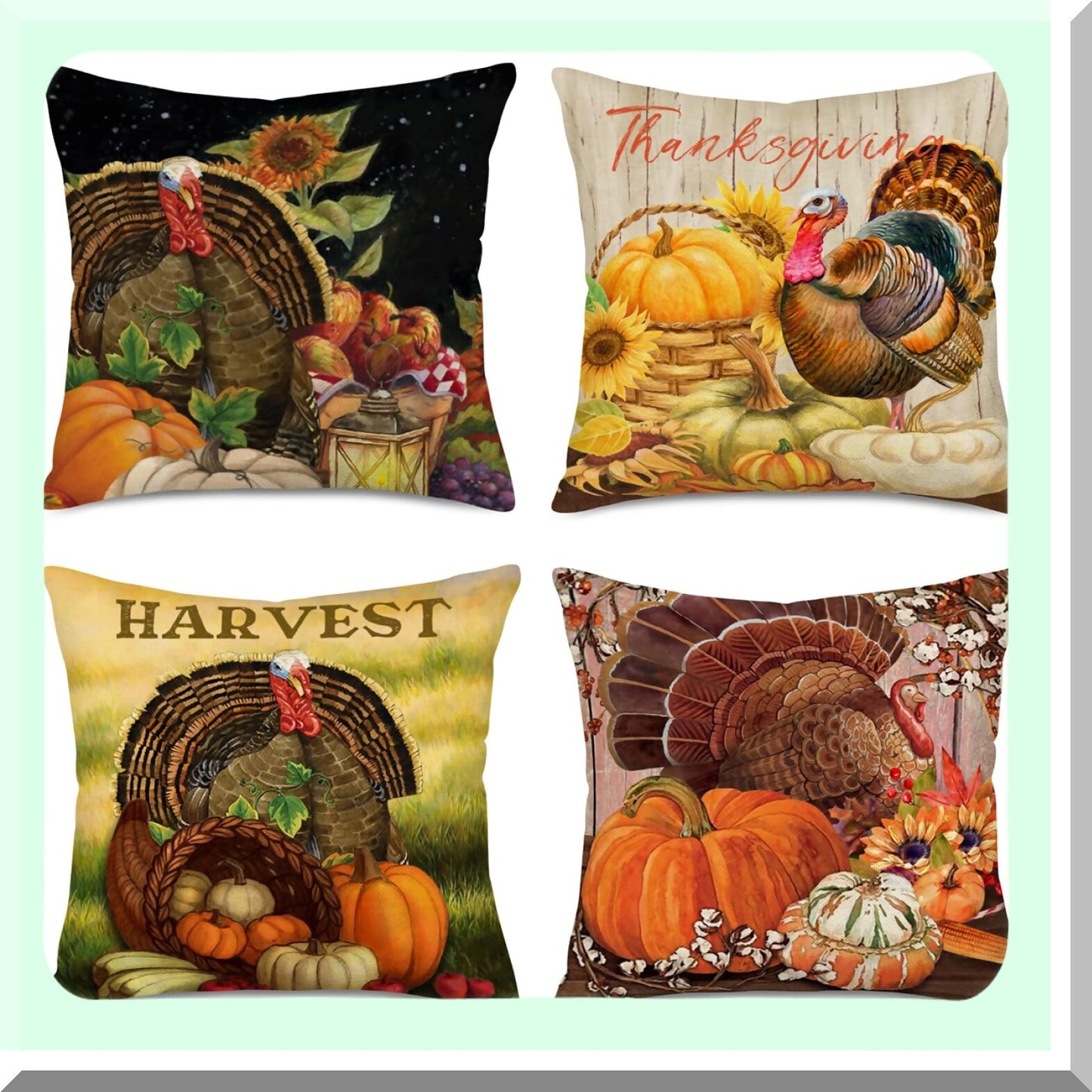 Harvest Sunflower Pumpkin Throw Pillow Set - Autumn Farmhouse Decor - Vintage Fall Cushion Cover - Thanksgiving Turkey Sofa Couch Case - 18x18 Inch Cotton Linen - Set of 4