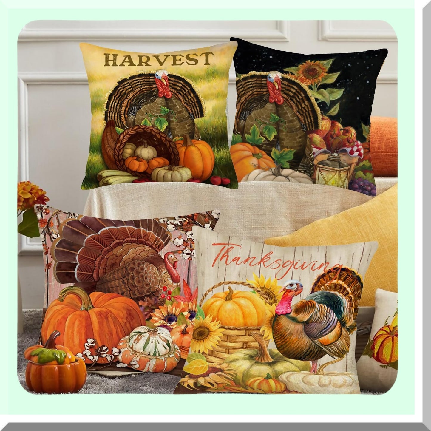 Harvest Sunflower Pumpkin Throw Pillow Set - Autumn Farmhouse Decor - Vintage Fall Cushion Cover - Thanksgiving Turkey Sofa Couch Case - 18x18 Inch Cotton Linen - Set of 4